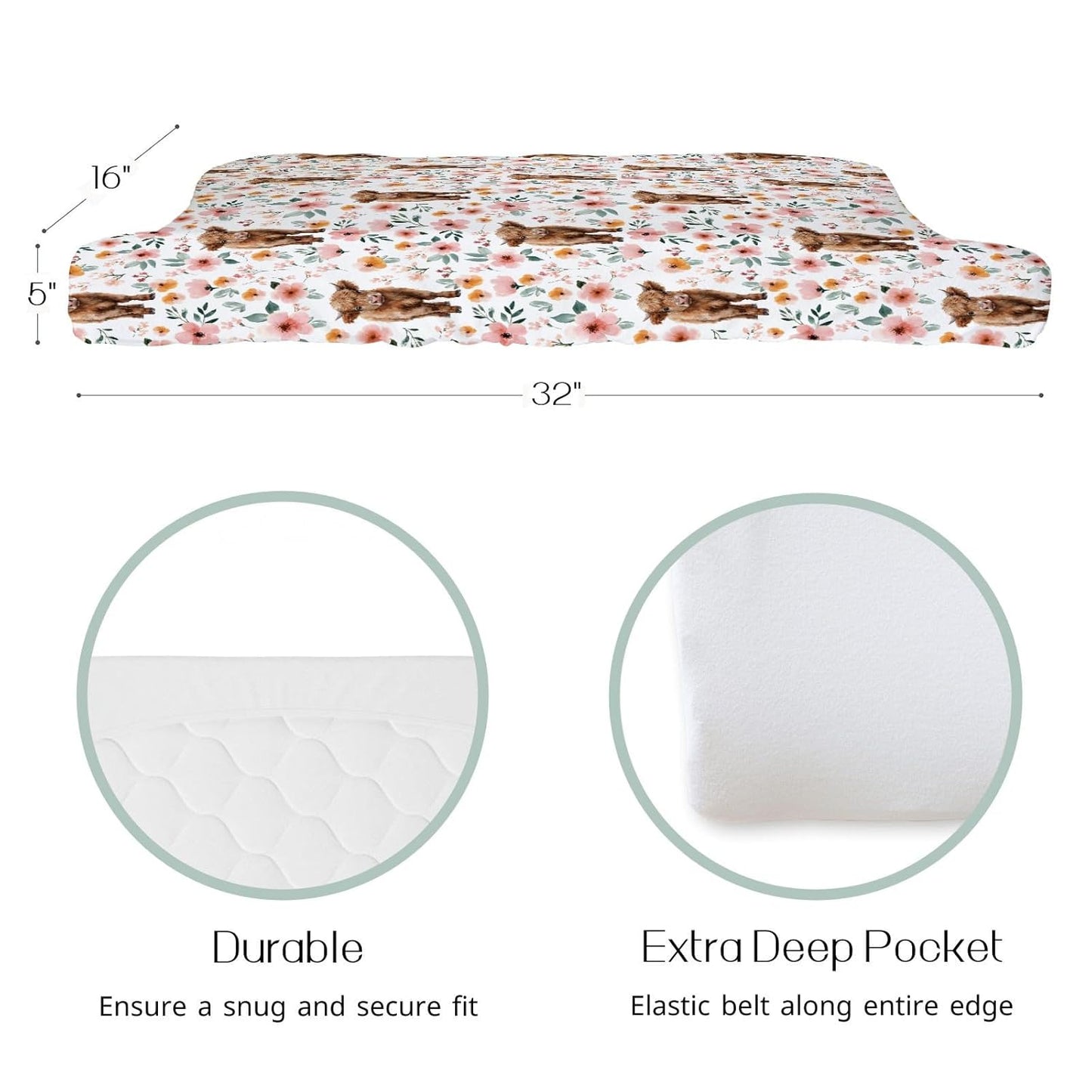 HawSkgFub Highland Cow Boho Floral Changing Pad Cover for Baby Girls, Western Farm Animal Retro Flower Diaper Change Table Covers, Soft Stretchy Safe Snug Fitted Changing Mat Sheet Fit 32"/34" x 16"