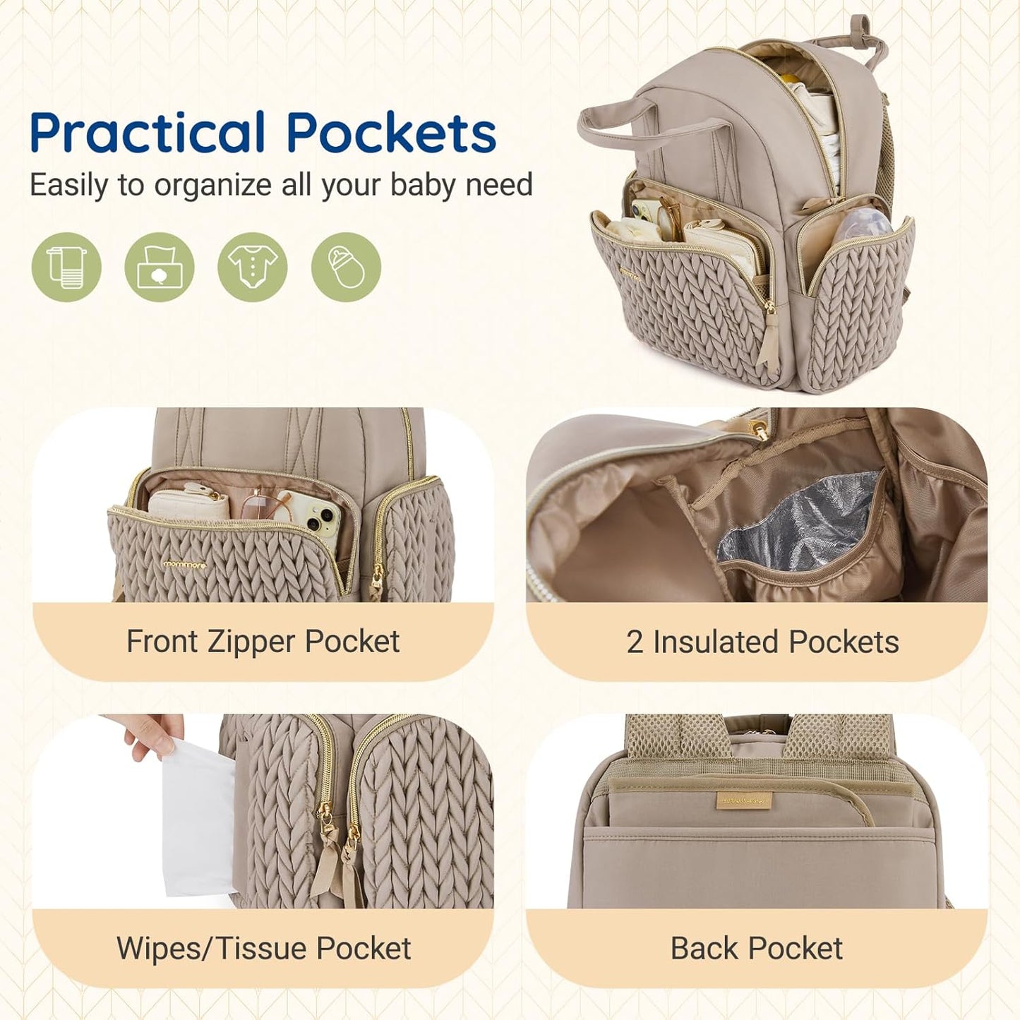 mommore Diaper Bag Small Diaper Backpack Stylish Baby Travel Backpacks with Insulated Pockets, Changing Pad, Stroller Straps