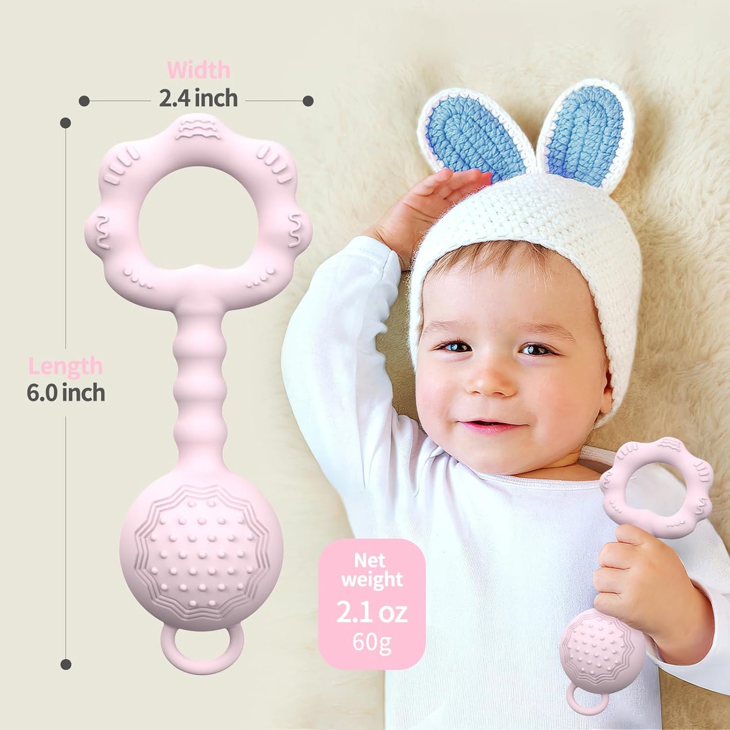 Teething Toys for Babies 6-12 Months, Baby Rattles 0-6 Months, 2-in-1 Rattle and Teether Toy for Soothing Sore Gums and Keeps Little Ones Entertained, Food Grade Silicone, Pink