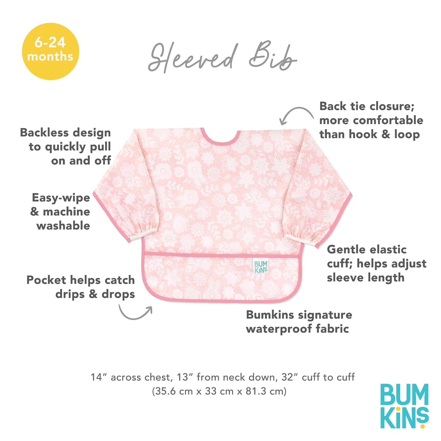 Bumkins Sleeved Bib for Girl or Boy, Baby and Toddler for 6-24 Mos, Essential Must Have for Eating, Feeding, Baby Led Weaning Supplies, Long Sleeve Mess Saving Food Catcher, Soft Fabric, Lace Pink