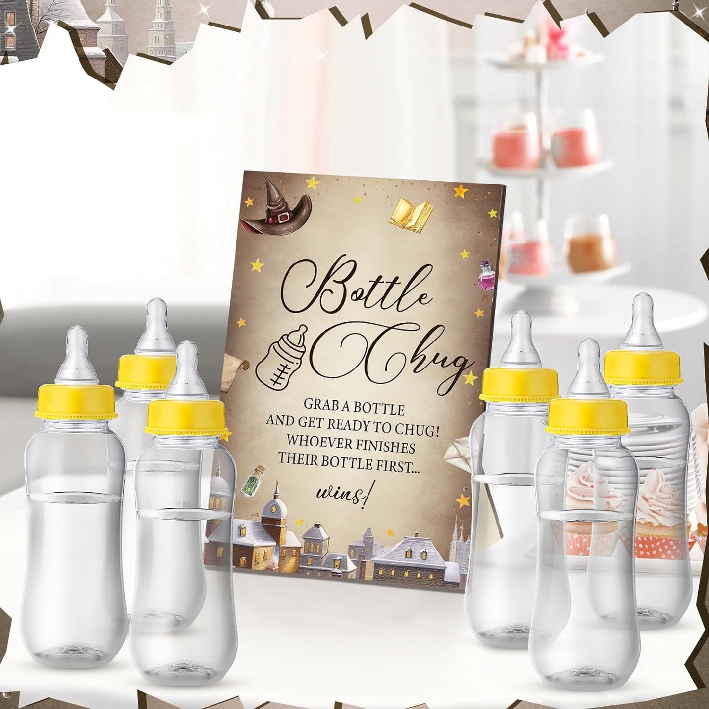 TrelaCo Cool Baby Shower Games Bottle Chug Sign and 12 Pcs Baby Bottle Shower Favor for Games Gender Reveal(Dark Color,Magical Wizard)