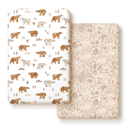 Stretchy Ultra Soft Jersey Knit Pack n Play Sheets Set 2 Pack, Portable/Mini Crib Sheets for Boys and Girls, Universal Fit for Pack N Plays Safe and Snug, Stylish Playard Sheets of Cute Animals Print