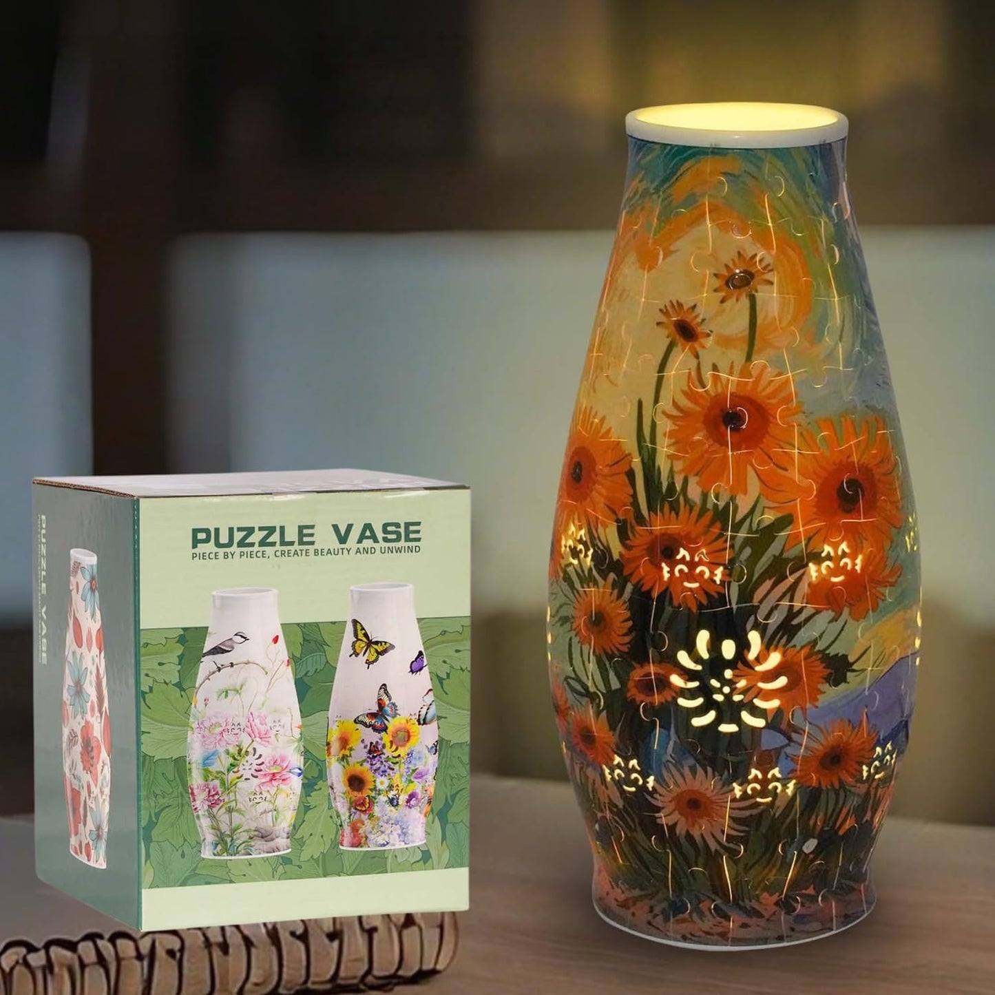 3D Puzzle Vase for Adults, 3D Puzzle Vases for Flowers, 152 Pcs 3D Puzzles Art Vase for Kids Ages 8-13, Cute Unique Flower Vases Decoration with Night Light, Crafts for Adults(Sunflower)