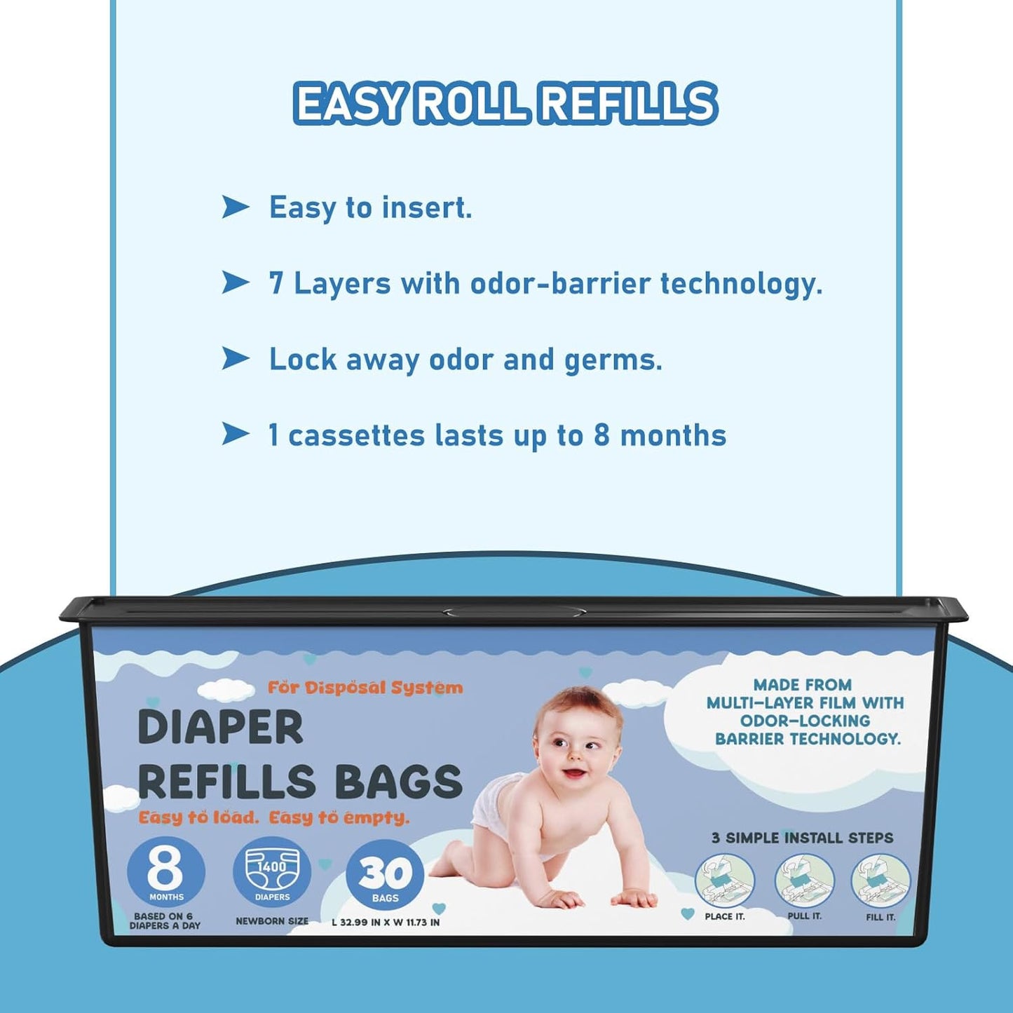 Diaper Pail Refills Bags with 30 Bags Compatible with Genie Easy Roll Signature Diaper Pails and Platinum Diaper Pails, Lasts Up to 8 Months, 7-Layer Odor-Barrier Technology, 4 Pack (120 Bags)