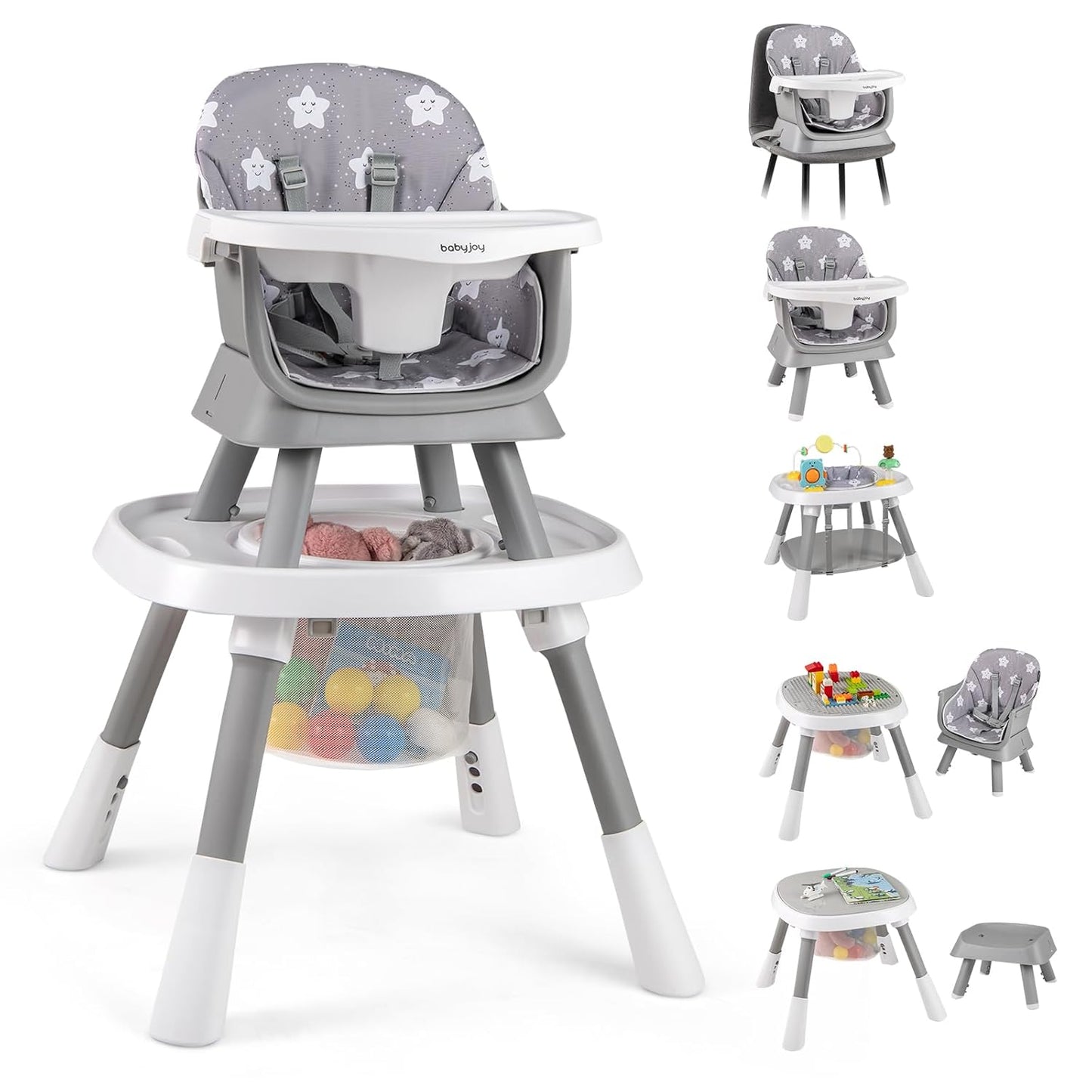 BABY JOY 16 in 1 High Chair, Convertible Baby Highchair for Babies and Toddlers with Activity Center, Booster Seat, Building Block Table, Toddler Chair with Safety Harness, Removable Tray (Gray)