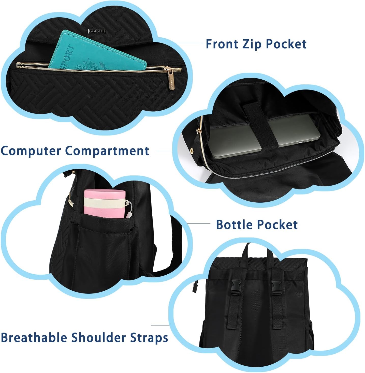 LANDICI Diaper Bag Backpack, Multifunction Waterproof Baby Diaper Bags with Changing Pad, Stroller Straps, Travel Essentials Stylish Back Pack for Mom Dad Boy Girls Toddler, Black