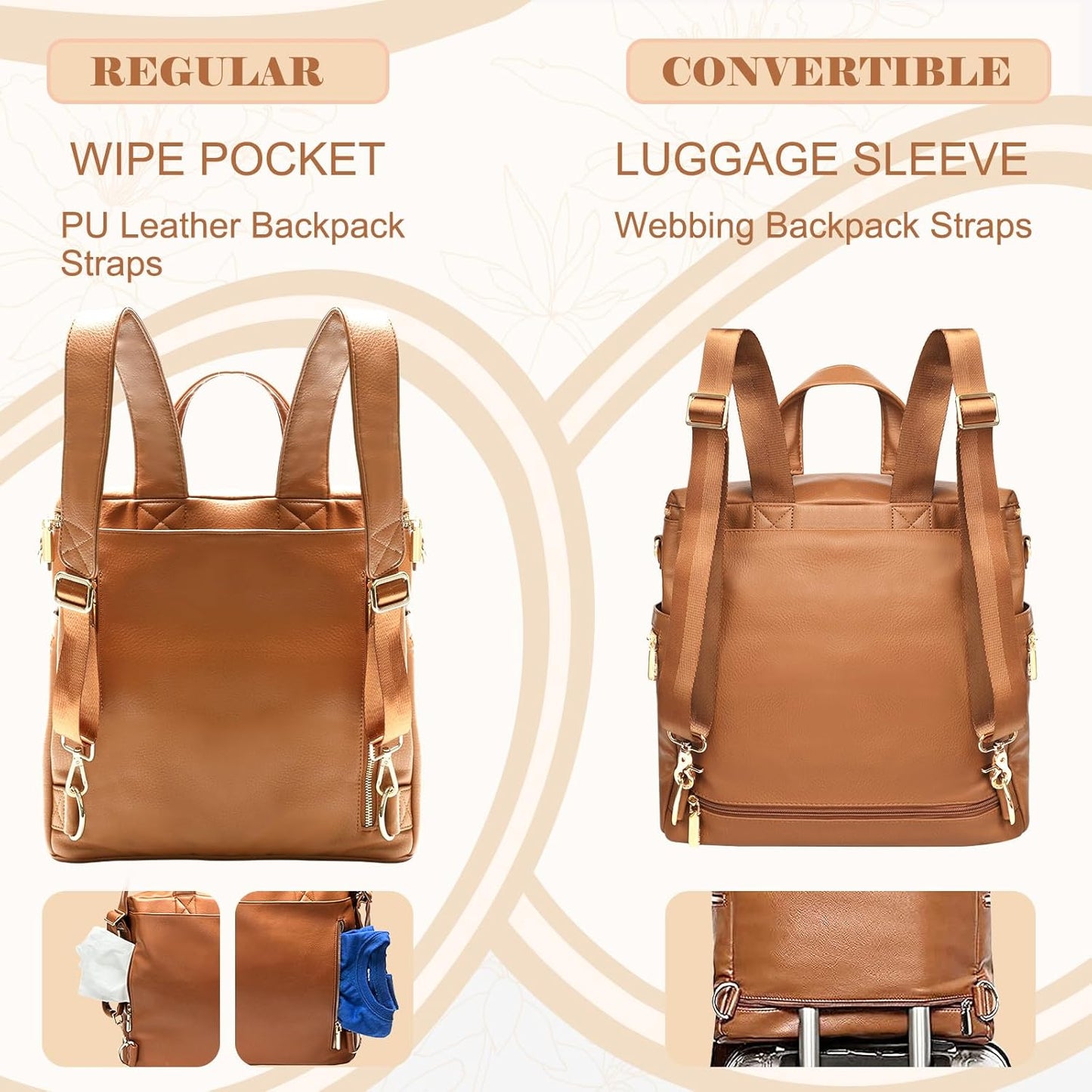 miss fong Diaper Bag Backpack Baby Diaper Bag, Large Leather Diaper Bag Backpack with Changing Pad,Pañaleras Para Bebe for Moms, Stroller Straps, and 2 Insulated Pockets(Convertible, Brown)