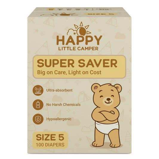 Happy Little Camper Super Saver Diapers, Size 5, 100 Count | Budget-Friendly Disposable Baby Diapers for Sensitive Skin | Hypoallergenic, Fragrance-Free, Ultra Absorbent