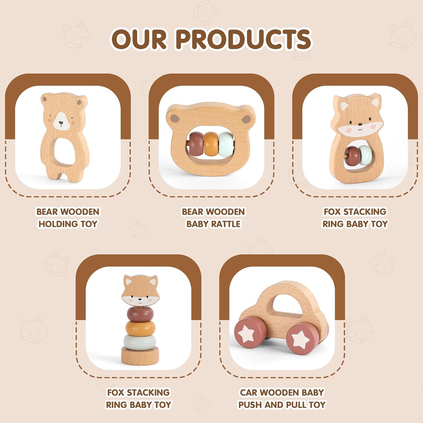 Freniland Wooden Montessori Toys, 5-Piece Wooden Baby Toys, Bear Wooden Baby Rattle, Fox Stacking Ring,Wooden Car Push and Pull Toys, Bear Grasping Toys,Newborn Baby Gift Sets for Boys and Girls