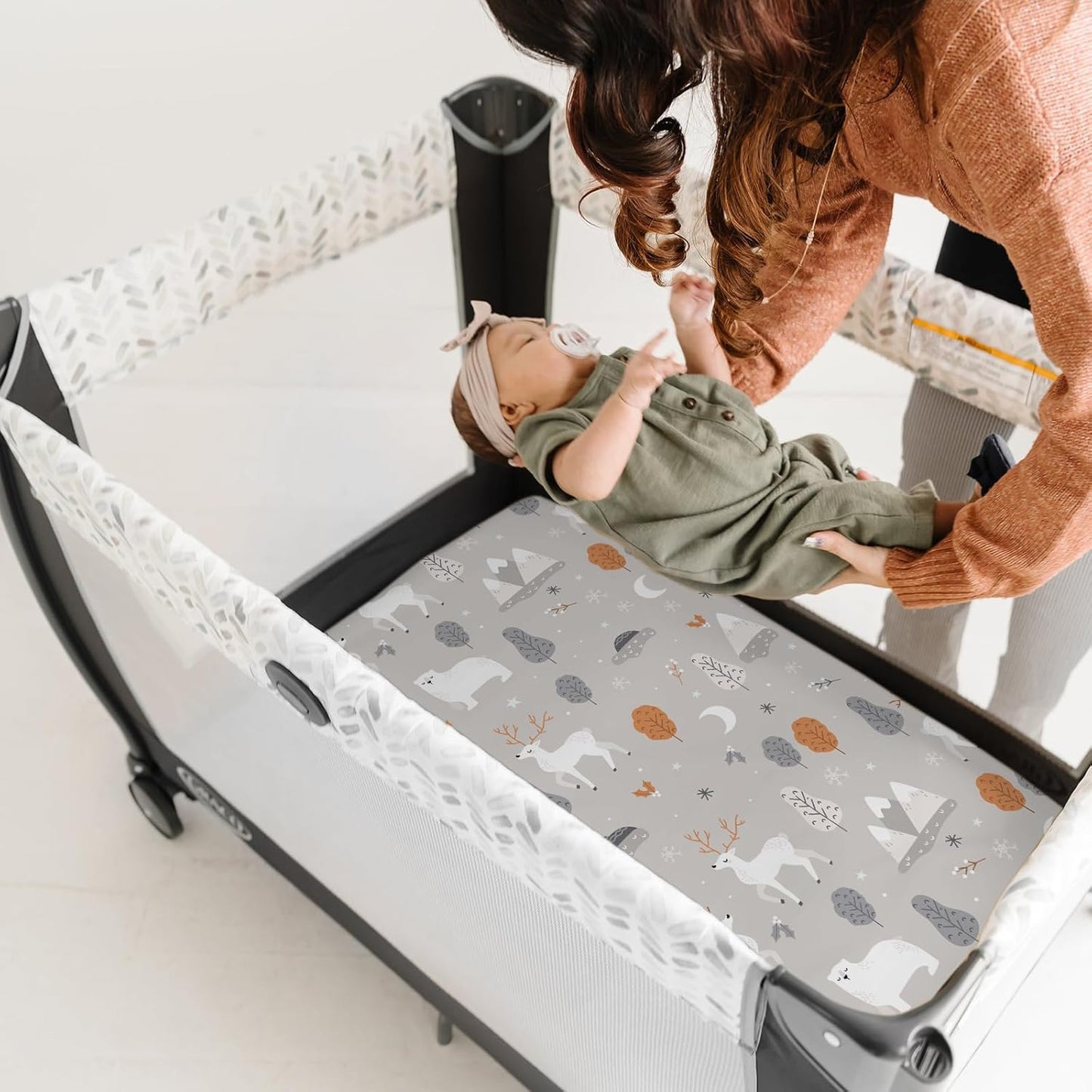 Pack n Play Sheets, BROLEX 2 Pack Mini Crib Sheets,Stretchy Portable Fitted Playard Sheet Set, Convertible Playard Mattress Cover,Ultra Soft Breathable Material,Snowy Forest