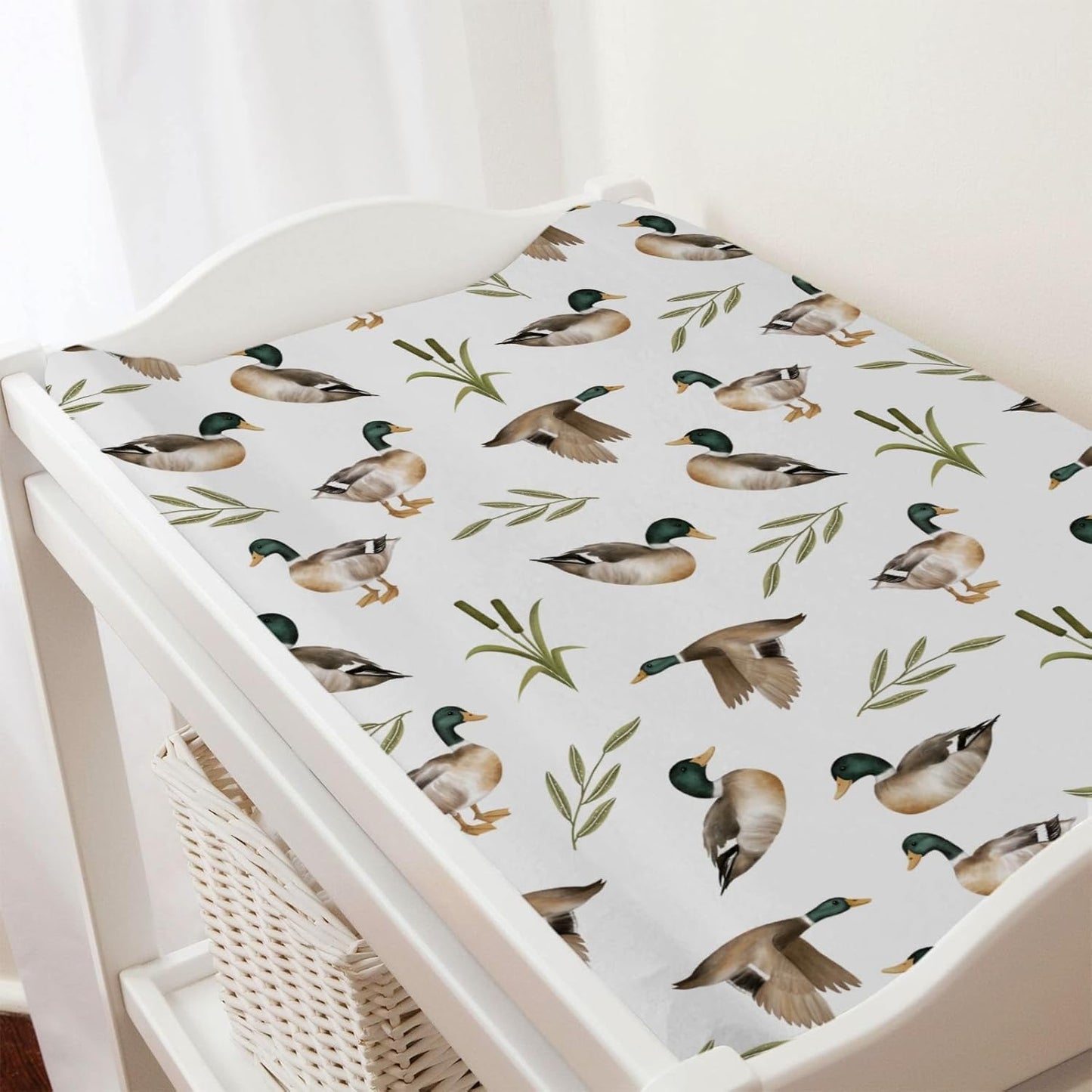 Vintage Mallard Duck Leaves Changing Pad Covers Duck Hunting Reeds Diaper Changing Pad Covers Sheets for Girl Boy Wild Duck Soft Breathable Stretch Fitted Change Table Pad Mats Covers 32''x16''