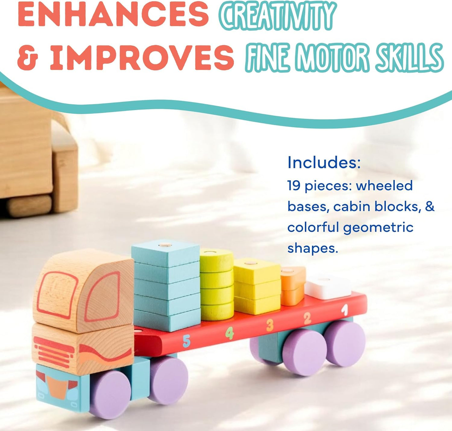 CUBIKA Wooden Geometric Shapes Truck– Montessori Toy for Toddlers Ages 3+– Shape Sorter and Stacking Truck Building Toy– FSC-Certified Wood, German Water-Based Paints, Travel-Friendly