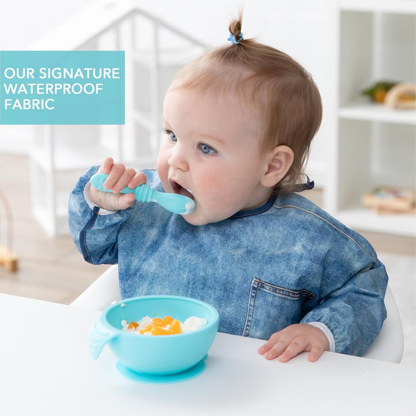 Bumkins Sleeved Bib for Girl or Boy, Baby and Toddler for 6-24 Mos, Essential Must Have for Eating, Feeding, Baby Led Weaning Supplies, Long Sleeve Mess Saving Food Catcher, Soft Fabric, Faux Denim