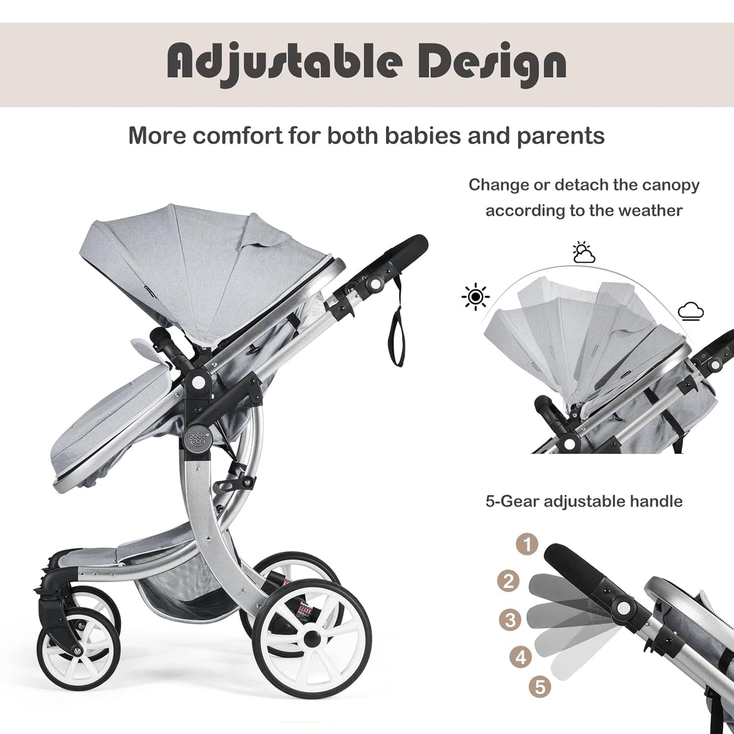 BABY JOY 2-in-1 High Landscape Baby Stroller, Reversible Bassinet Reclining Stroller, Foldable Push Chair w/Adjustable Canopy, Storage Bag, Foot Cover, Rain Cover & Net, Aluminum Alloy Frame (Gray)
