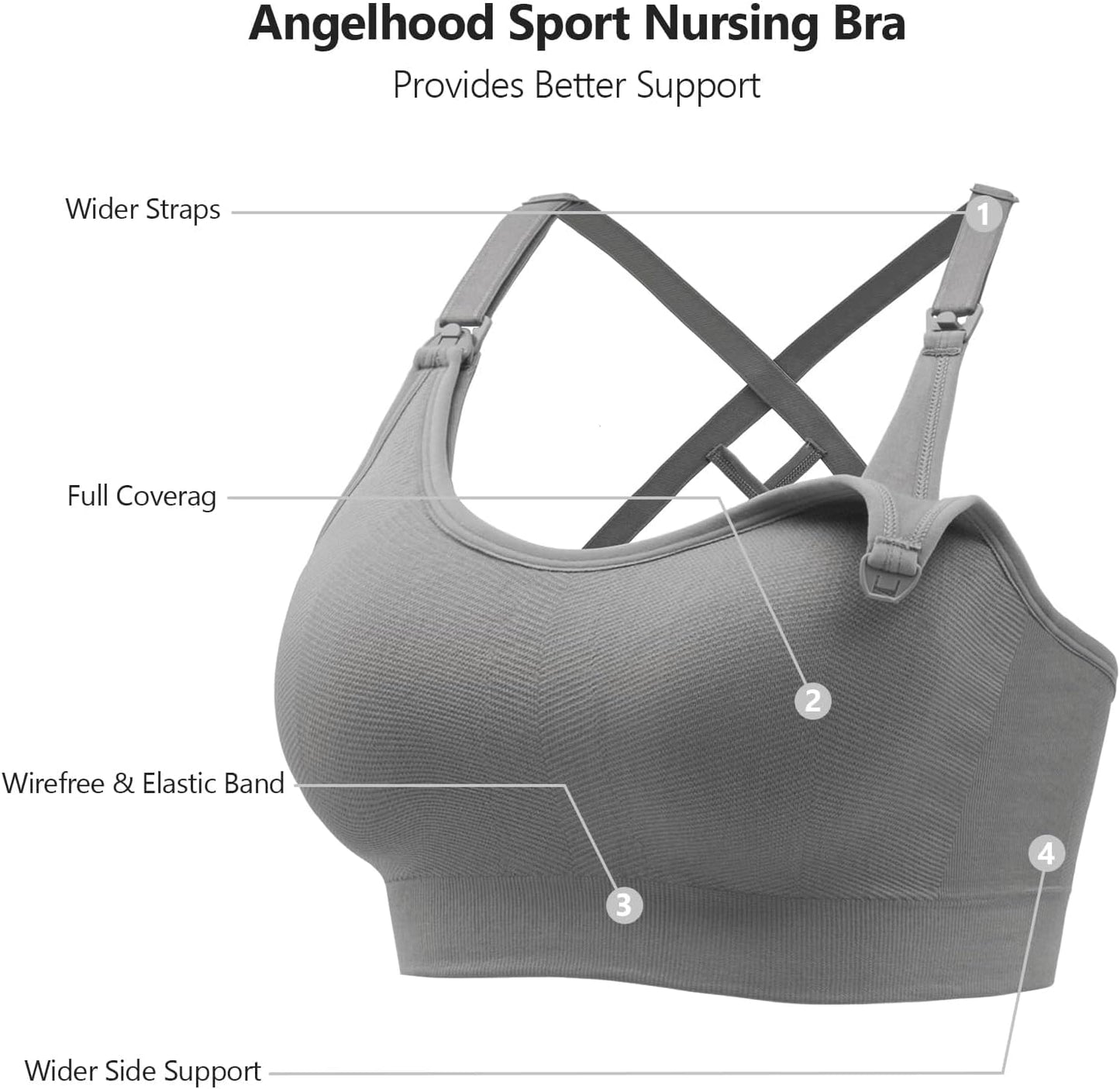 Angelhood Nursing Bras for Breastfeeding, Seamless Nursing Sports Bra Medium Impact Support Maternity Bras for Pregnancy