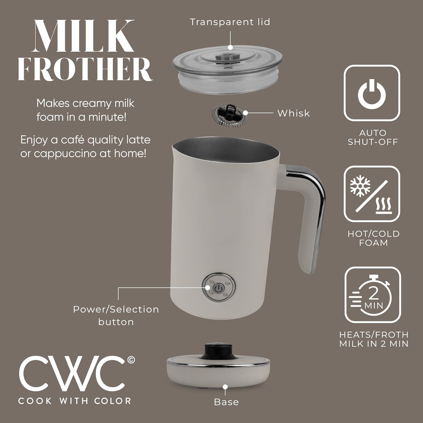 COOK WITH COLOR 4-in-1 Electric Milk Steamer and Frother - 2-Minute Heating and Frothing, Hot and Cold Foam Maker for Coffee, Latte, Cappuccino, Macchiato, Milk Warmer, Auto Shut Off, Sand
