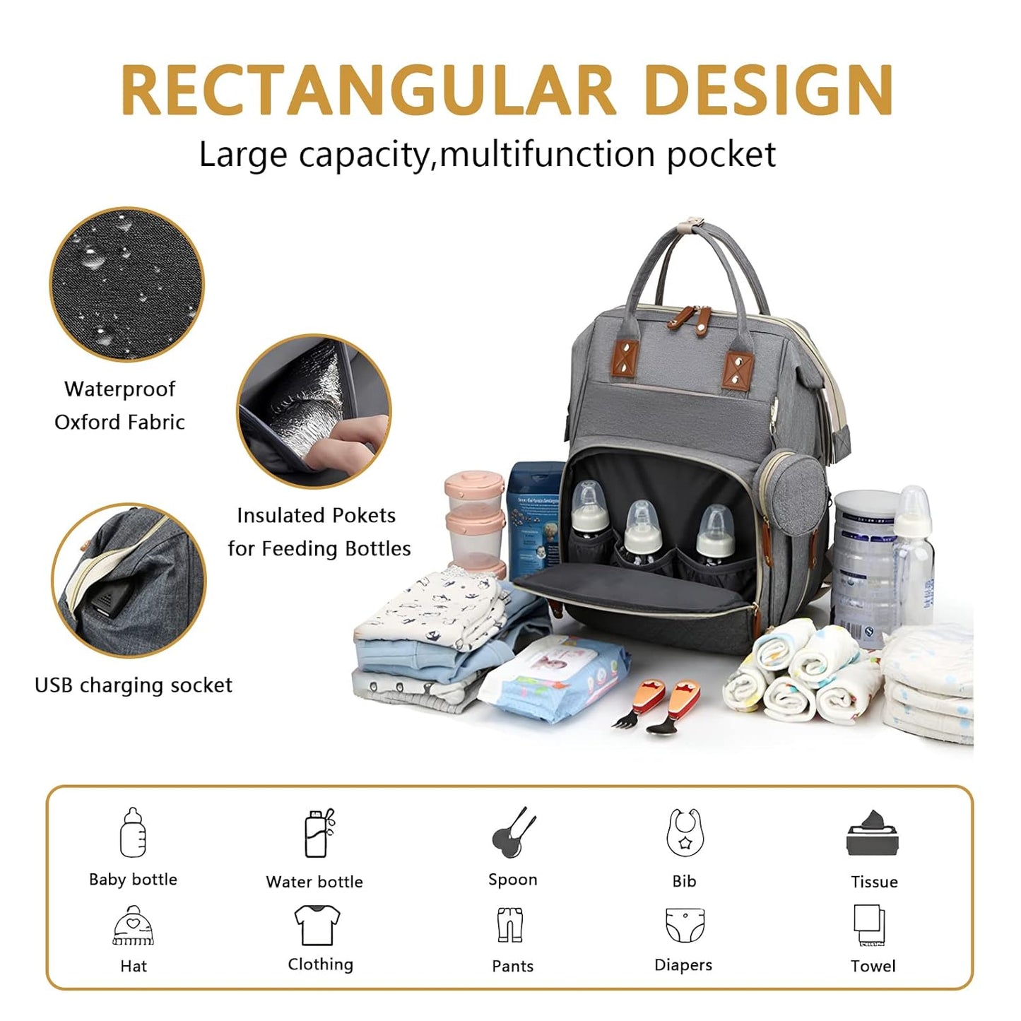 Baby Diaper Bag Backpack with Changing Station Travel Waterproof 3 in 1 Foldable Pad Unisex Grey