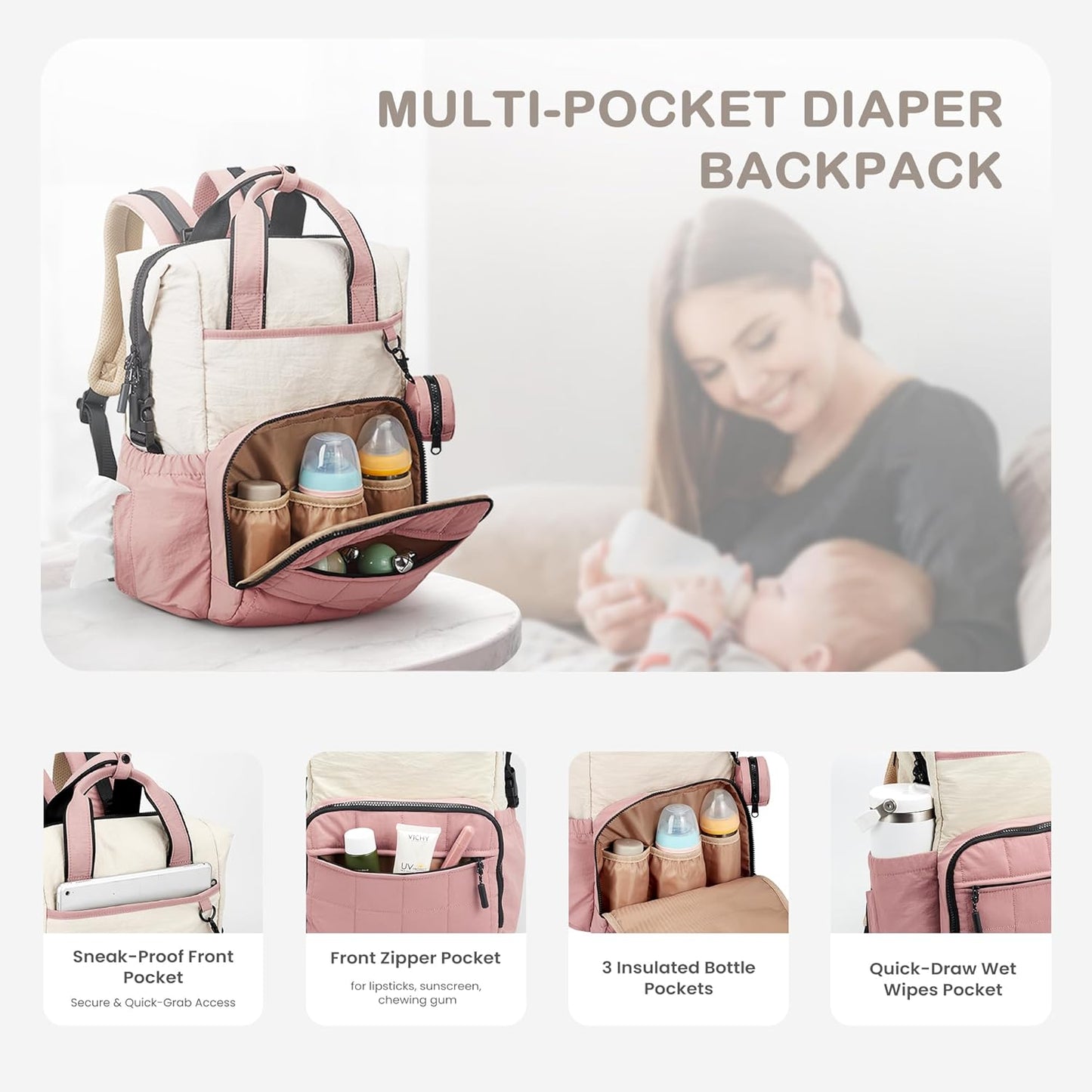 VONAL Diaper Bag Backpack, Lightweight Baby Diaper Bags, Travel Large Diaper Bag with Changing Station, Pink Diaper Backpack for Boys Girls Newborn with Insulated Pockets, Stroller Straps