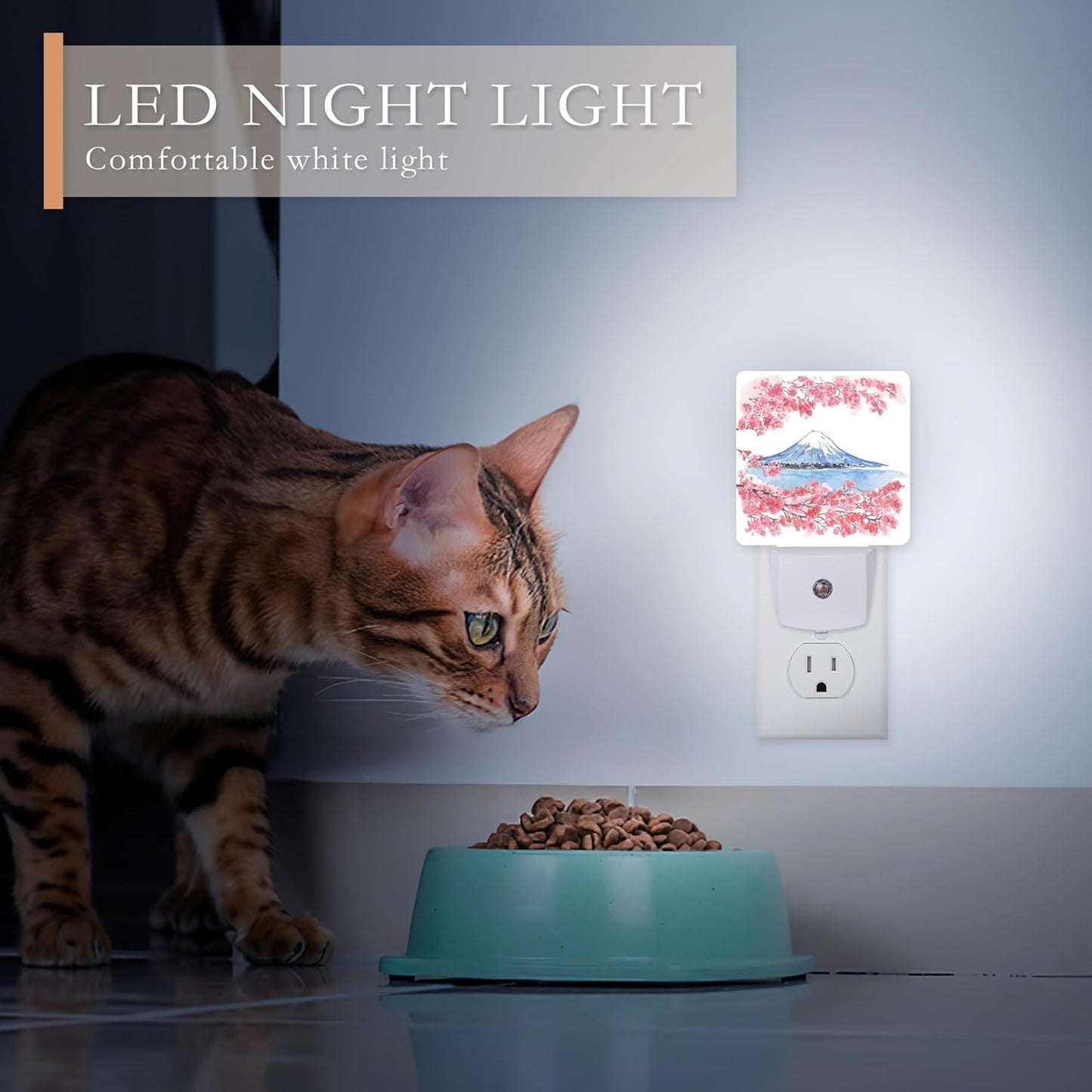 Cherry Blossoms Night Light,Mountain Fuji Plug-in Wall Led Night Lights Decor for Boys Girls Room,Dusk to Dawn Sensor Wall Lamp for Stairway/Hallway/Kitchen,0.5W