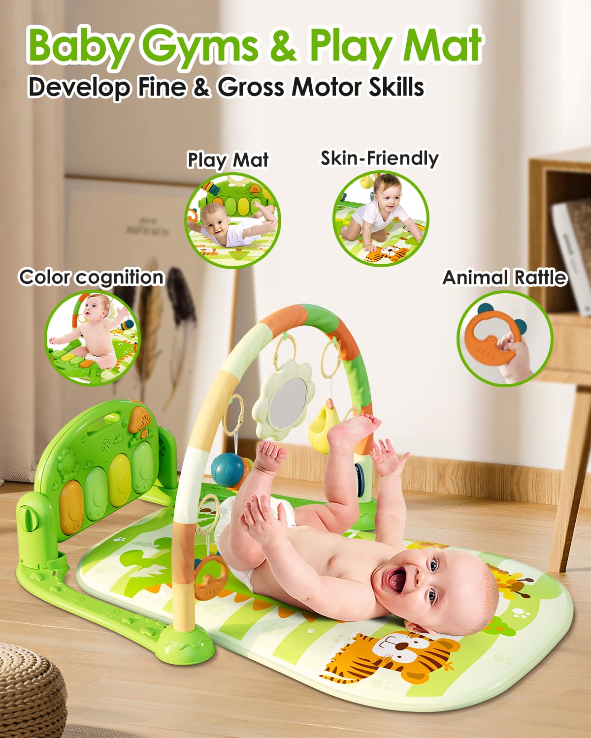 dearlomum Baby Play Mat Gym, Funny Play Piano Tummy Time Activity Mat with 5 Infant Sensory Toys, Music and Lights, Boy & Girl Gifts for Newborns 0 to 3 6 9 12 Months (Green)