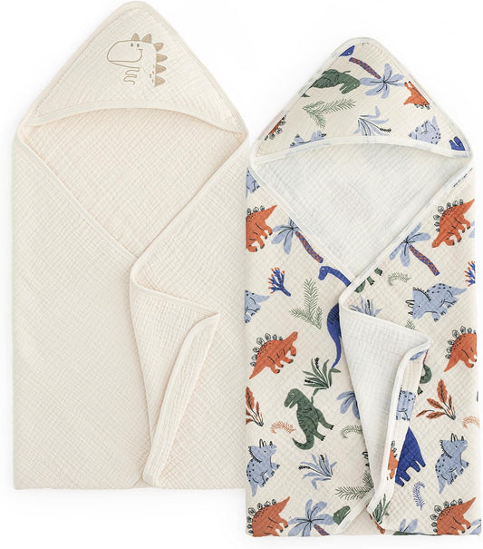 david's kids 2 Pack Hooded Baby Towels, Large 32"x32", 6 Layer 100% Muslin Cotton Highly Absorbent Boy Bath Towel for Newborn, Infant and Toddler, Soft and Breathable Baby Essentials, Dinosaur Story