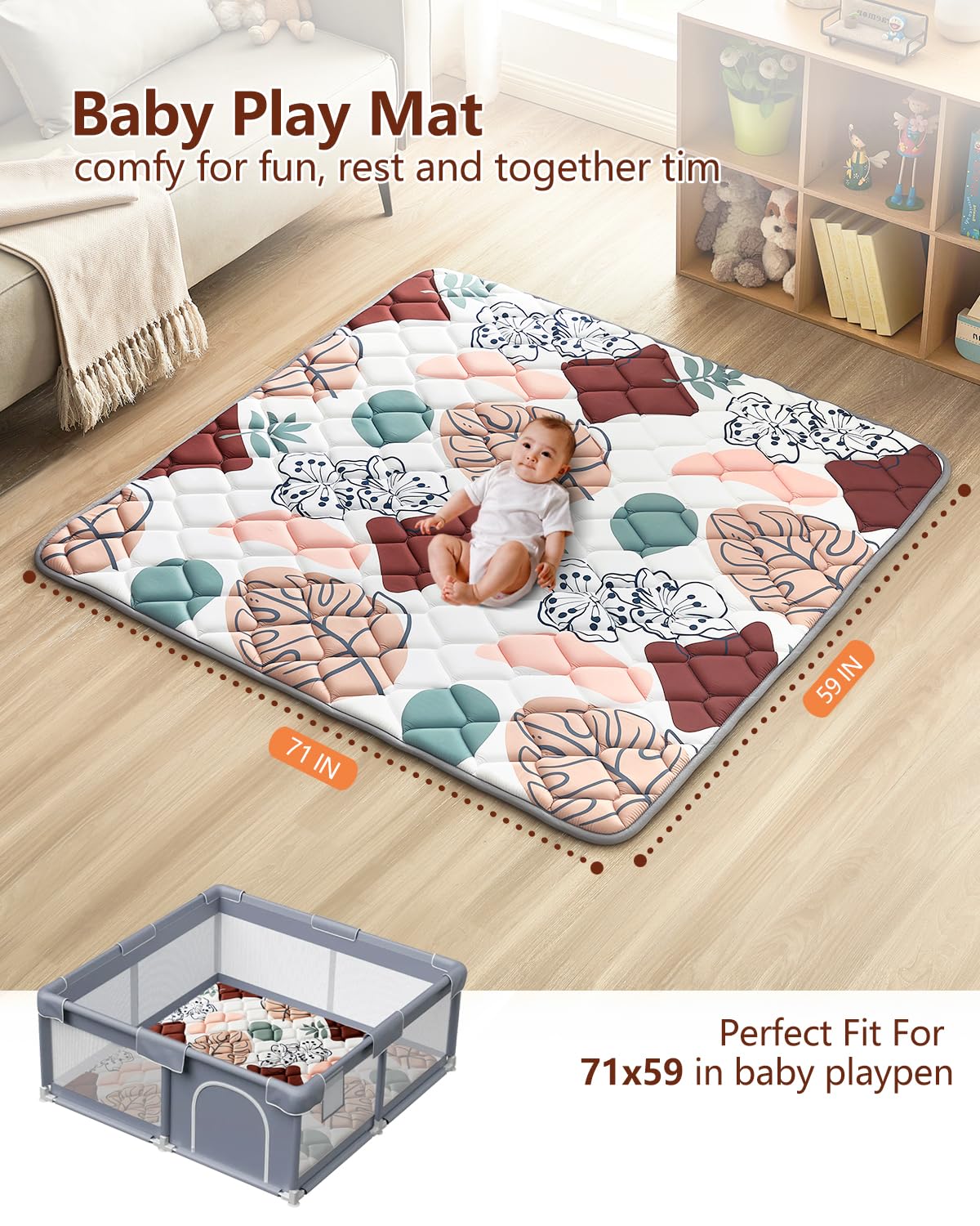 Baby Play Mat 71"x59", Non-Slip Baby Mat for Floor, Soft Thicker Playpen Mat, Portable Playmat, Crawling Mat for Babies, Toddlers & Infants to Play and Learn（Boho）