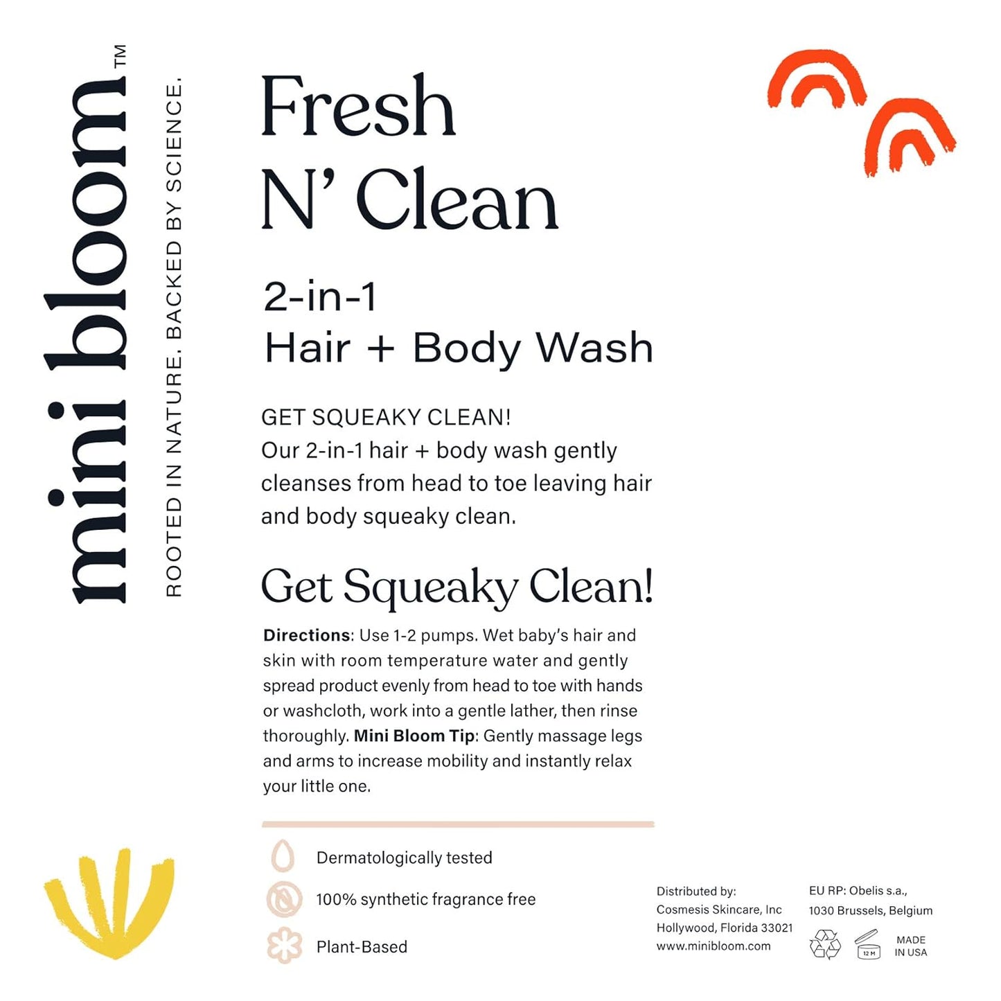 Mini Bloom Fresh N’ Clean 2-in-1 Hair + Body Wash | Shampoo Sulfate-Free | Baby & Kid Safe | Gently Cleanses Head to Toe w/Aloe leaf, Chamomile extract, Lavender & Botanicals 16.6 oz