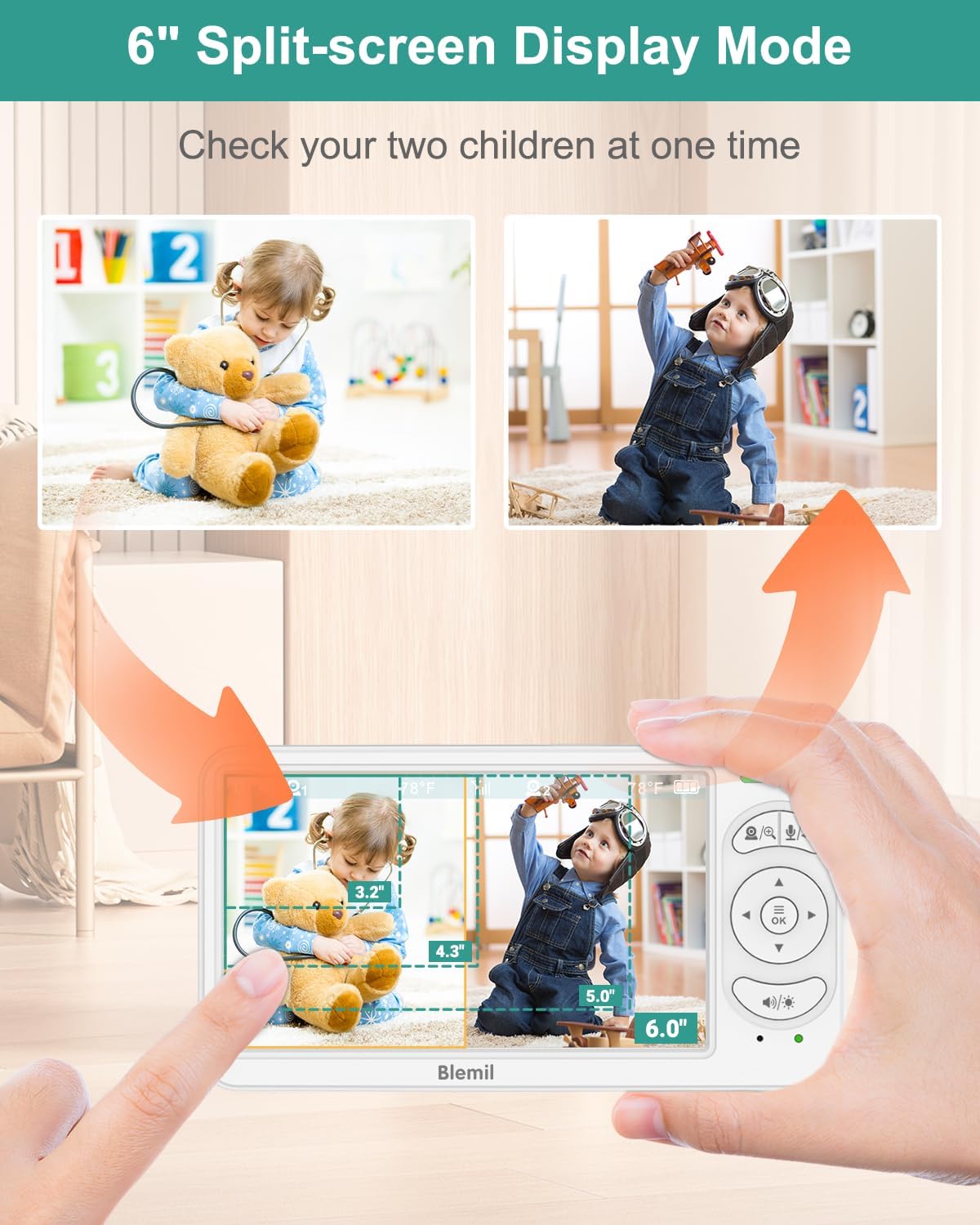 Blemil 6" Baby Monitor with 2 Cameras 4000mAh Battery Upgrade Split Screen Video Baby Monitor No WiFi Remote Pan-Tilt-Zoom Auto-Night Vision 150 Languages ECO Mode 2-Way Talk 1000FT (Ideal Condition)
