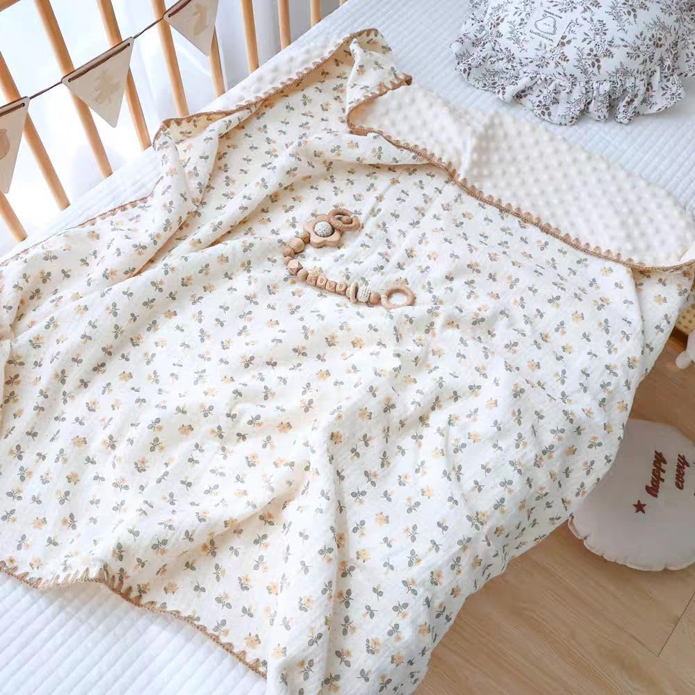 Baby Swaddel Blanket Cotton Muslin Thick Bath Towel Dotted Backing Double Layer Receiving Blanket 40"x40" (Little Pink Flower)