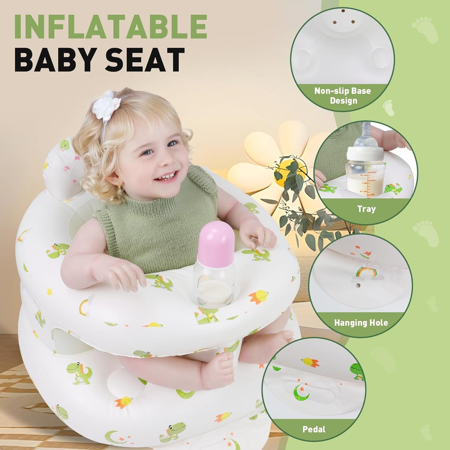 Inflatable Baby Seat for 3-36 Months Babies, Blow up Baby Chair with Built-in Air Pump, PVC Material, Full Enclosure Protection, Outdoor Travel Inflatable Chair for Infant, Green Dinosaur