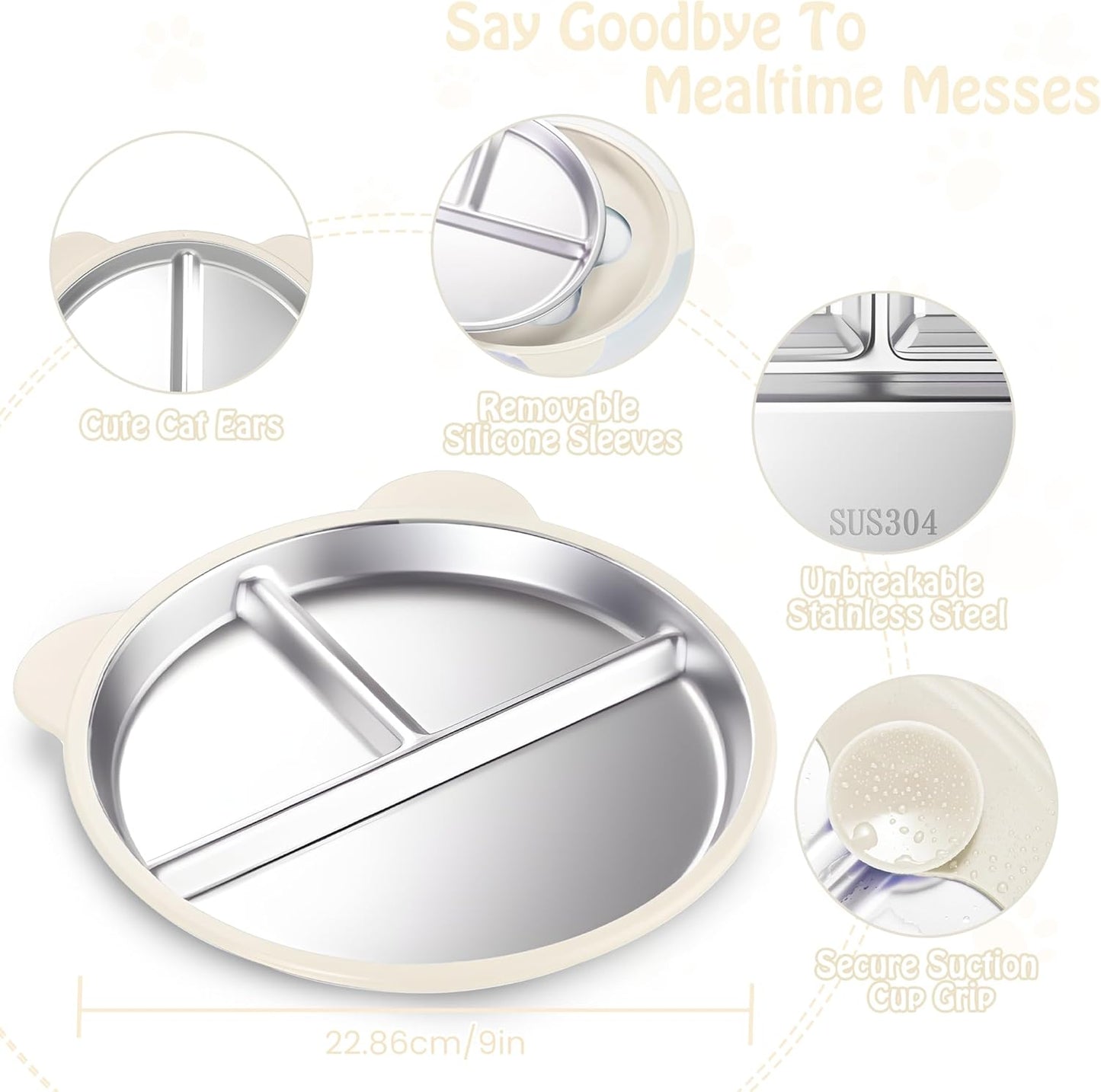 Stainless Steel Kids Plate with Suction Set of 2, 9″ Toddler Divided Plates with Removable Non Slip Silicone Sleeves, Unbreakable Baby Snack Dishes, BPA Free, Beige & Light Pink