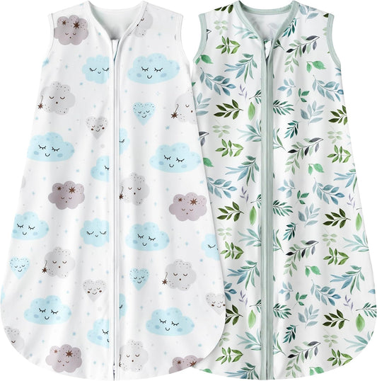 Newborn Sleep Sack Baby Swaddle,0-12 Months,3-Way Adjustable Wearable Blanket,Swaddling Sleeping Bag (Leaf&Clouds, 6-12 Months)
