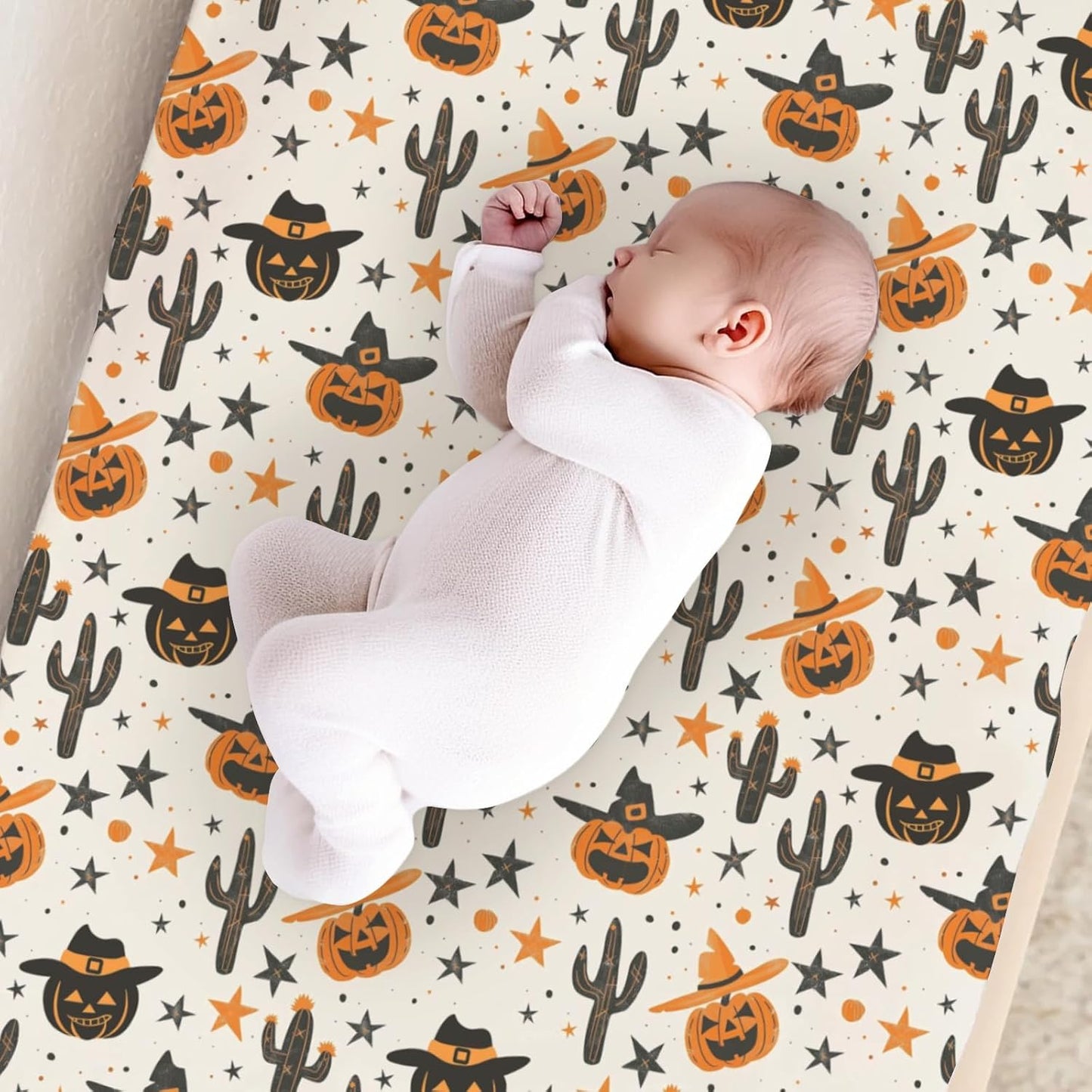 Western Halloween Pumpkins Cactus Hats Stars Baby Changing Pad Cover, Unisex Fall Winter Holiday Nursery Diaper Changing Table Pad Mat Sheet for Boys Girls-16x32