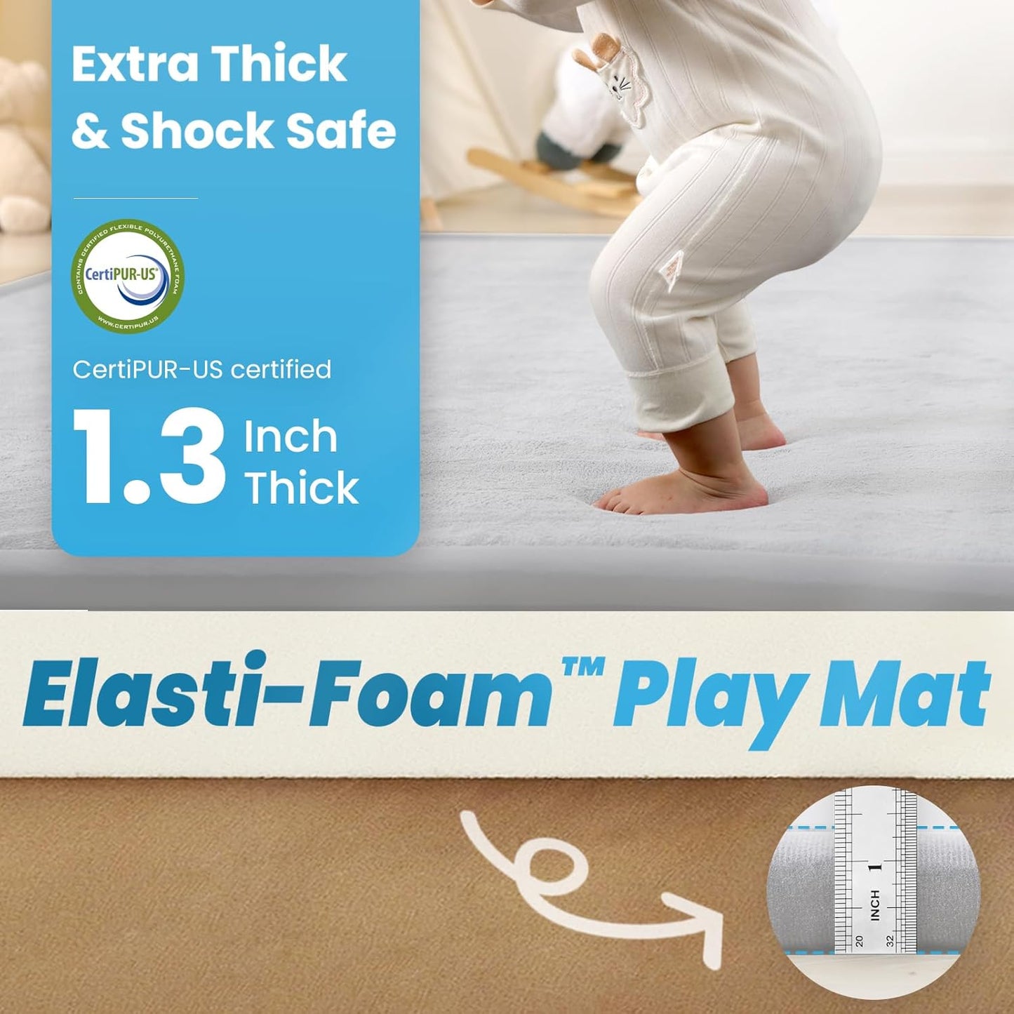 1.3" Thick Baby Play Mat for Floor, 28x72 Foam Tummy Time Mat, Padded Support Soft Plush Bedside Rugs for Infant Kids Toddler Crawling Kick Activity (Light Grey)