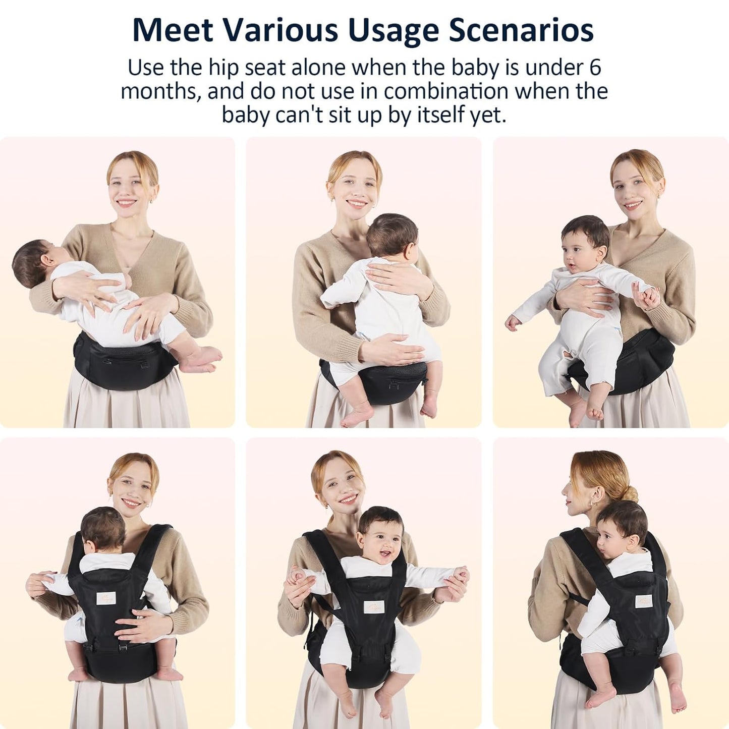 Baby Carrier with Hip Seat, 6-in-1 Baby Carrier Newborn to Toddler, Detachable Hands-Free Infant Carrier, One Size Fits All, All Seasons, Black