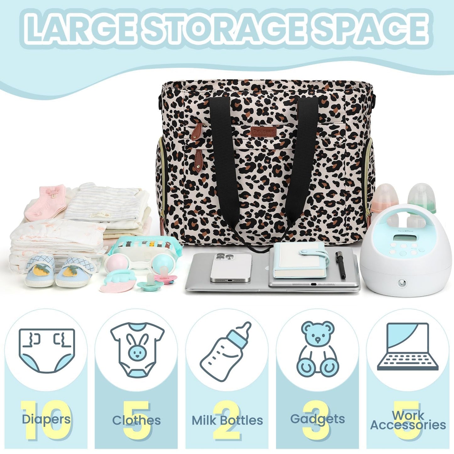 Diaper Bag Tote for Working Mom, Large Travel Diaper Tote for Mom and Dad with 14 Inch Laptop Sleeve, Mommy Maternity Travel Baby Bag for Boys and Girls, Leopard