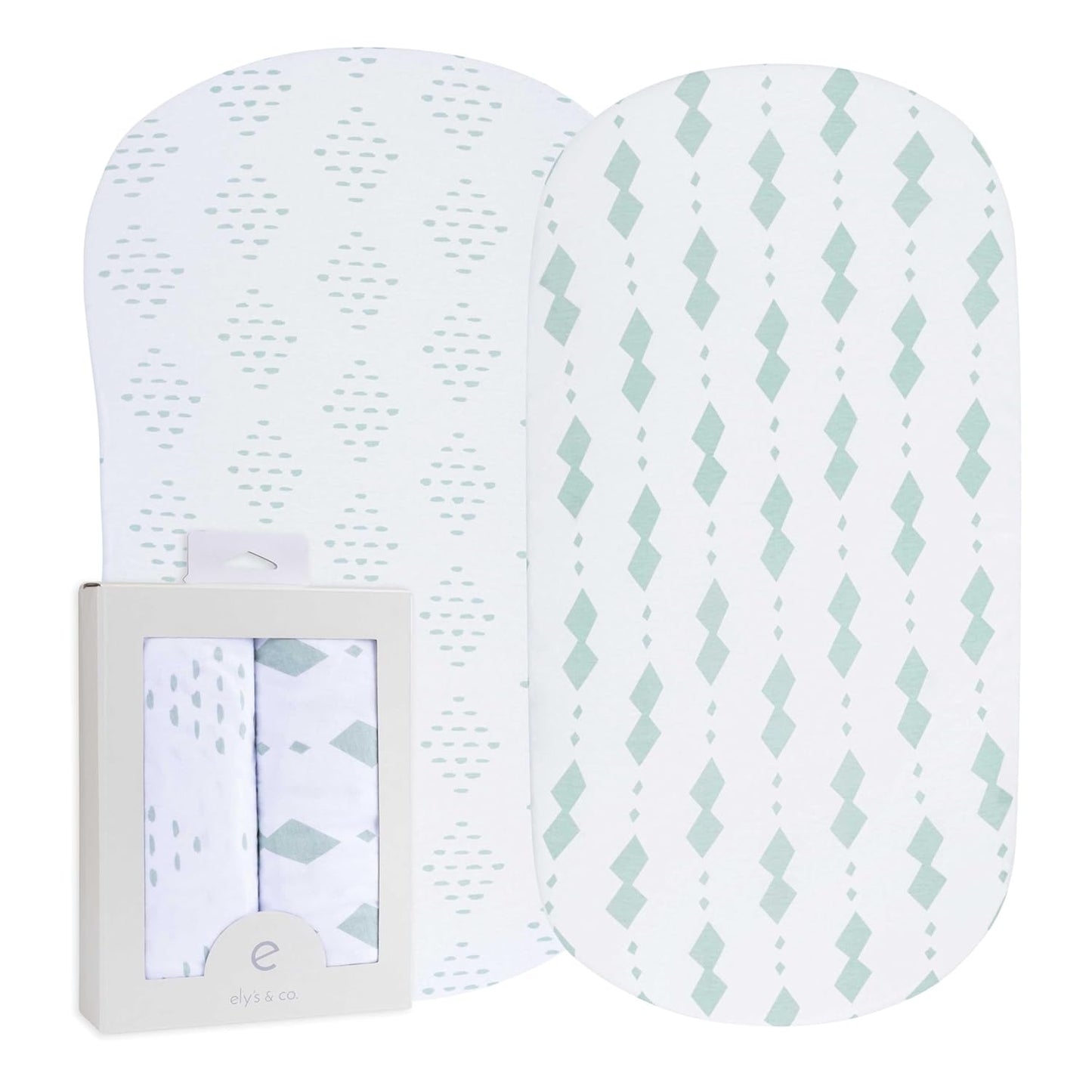Bassinet Sheets Fitted Cover - Flexible Fit 100% Soft Jersey Knit Cotton - Neutral Grey Sage Diamond - 2 Pack Set