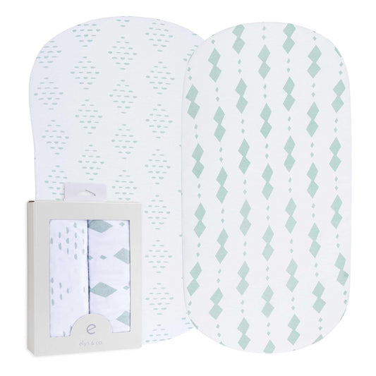 Bassinet Sheets Fitted Cover - Flexible Fit 100% Soft Jersey Knit Cotton - Neutral Grey Sage Diamond - 2 Pack Set