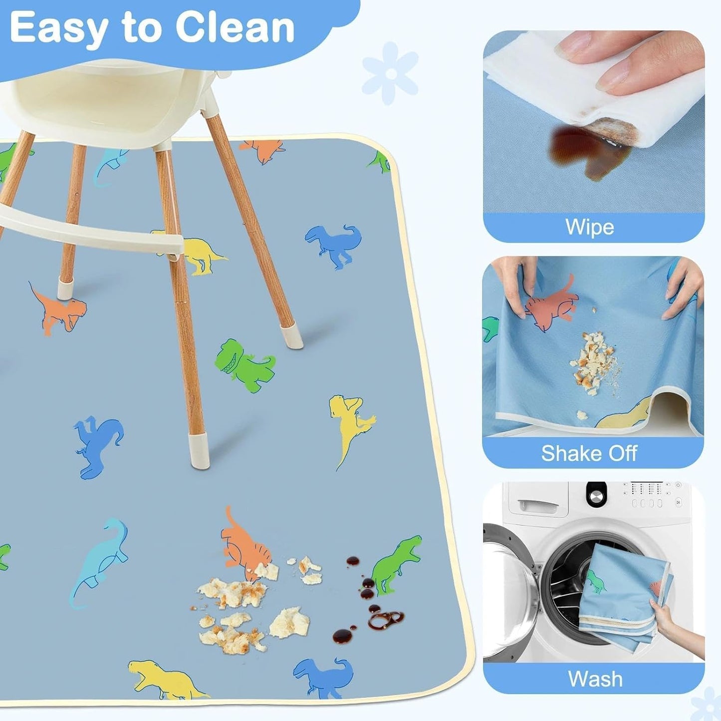 Splat Mat for Under High Chair 42 x 42 Inch Waterproof Baby Splash Mat with Non Slip Bottom Reusable Portable Highchair Mat for Floor Food Catcher for High Chair, Blue Dinosaur