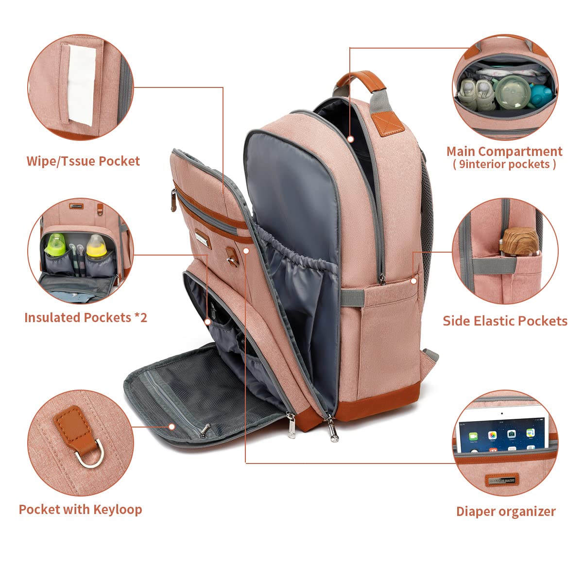 Diaper Bag Backpack, Large Baby Nappy Bags with Portable Changing Pad for Boys and GirlsMultifunction Travel Baby Bag for Moms Dads, Shower Gifts Waterproof and Stylish，Deep Powder