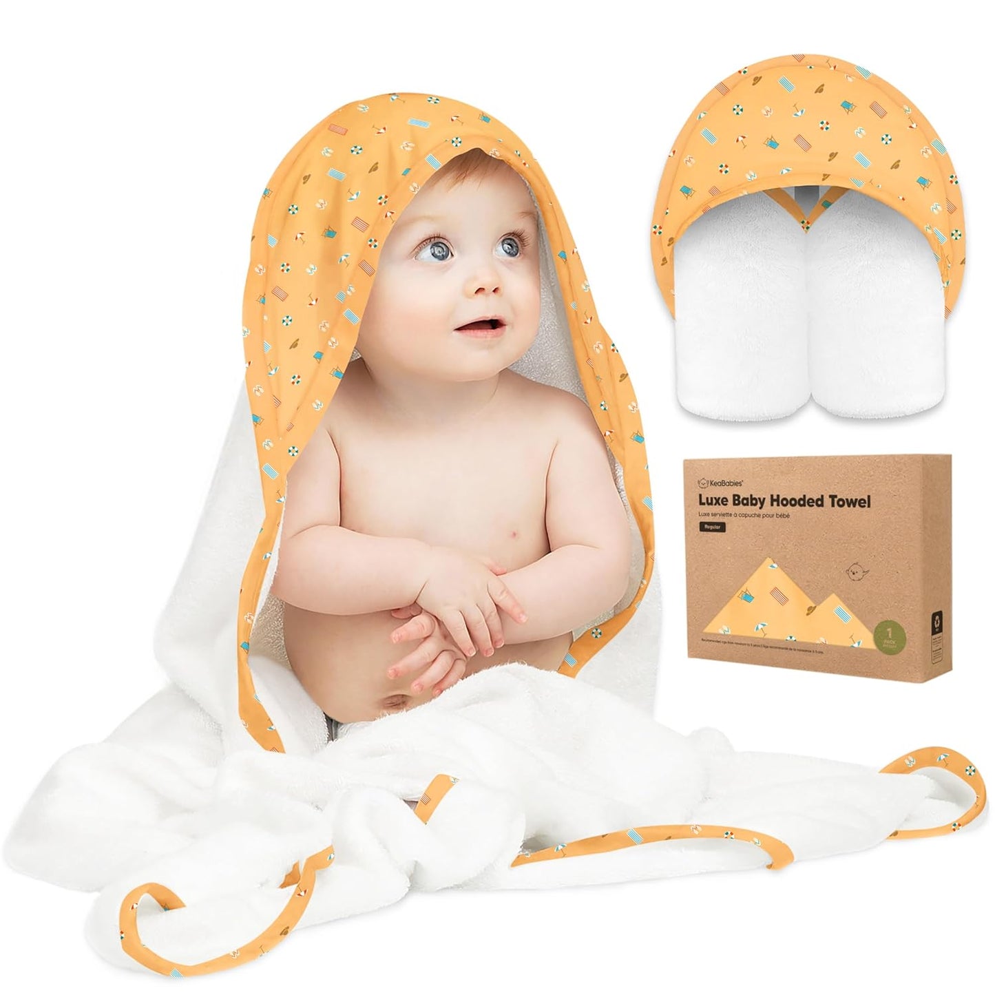 KeaBabies Hooded Baby Towel for Newborn - Viscose Derived from Bamboo Large Baby Bath Towels with Hood for Boys, Girls, Toddler, Extra Absorbent & Soft Newborn Bath Essentials (Beach Day, Regular)