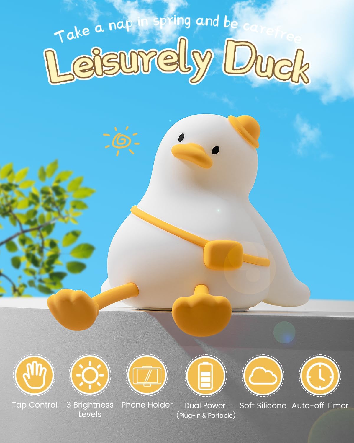 Kids Night Light Duck Design, Silicone Tap Control Bedside Lamp with Time Auto-Off, Cute Portable LED Nursery Light for Baby, Toddler, Bedroom