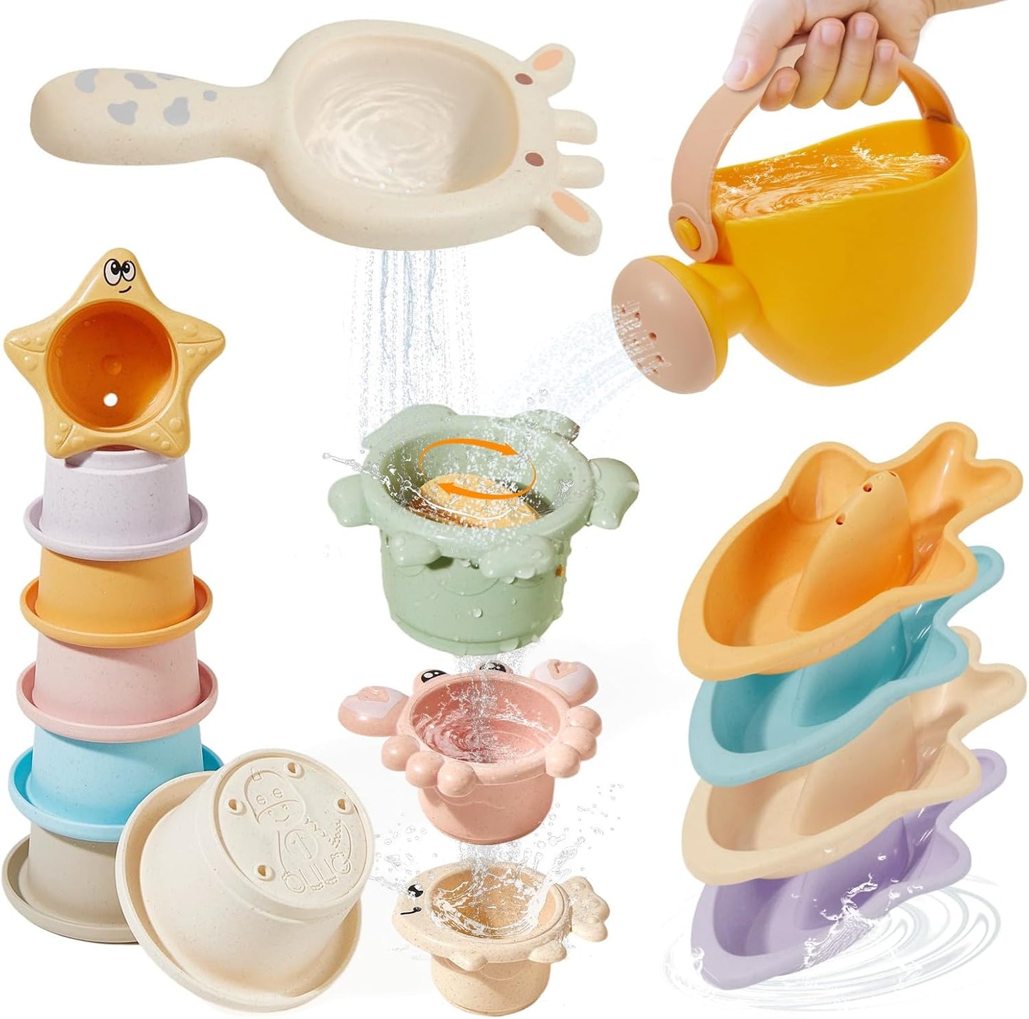 Bath Toys for Kids Ages 1-3, 16PCS | Easy-Clean & Mold Free Bath Toys for Babies with Stacking Cups | Watering Can, Bath Boats & Spoon with Storage Bag, Bathtub Water Sand Pool Toys for Toddler Gifts
