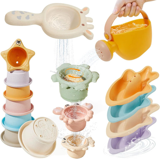 Bath Toys for Kids Ages 1-3, 16PCS | Easy-Clean & Mold Free Bath Toys for Babies with Stacking Cups | Watering Can, Bath Boats & Spoon with Storage Bag, Bathtub Water Sand Pool Toys for Toddler Gifts