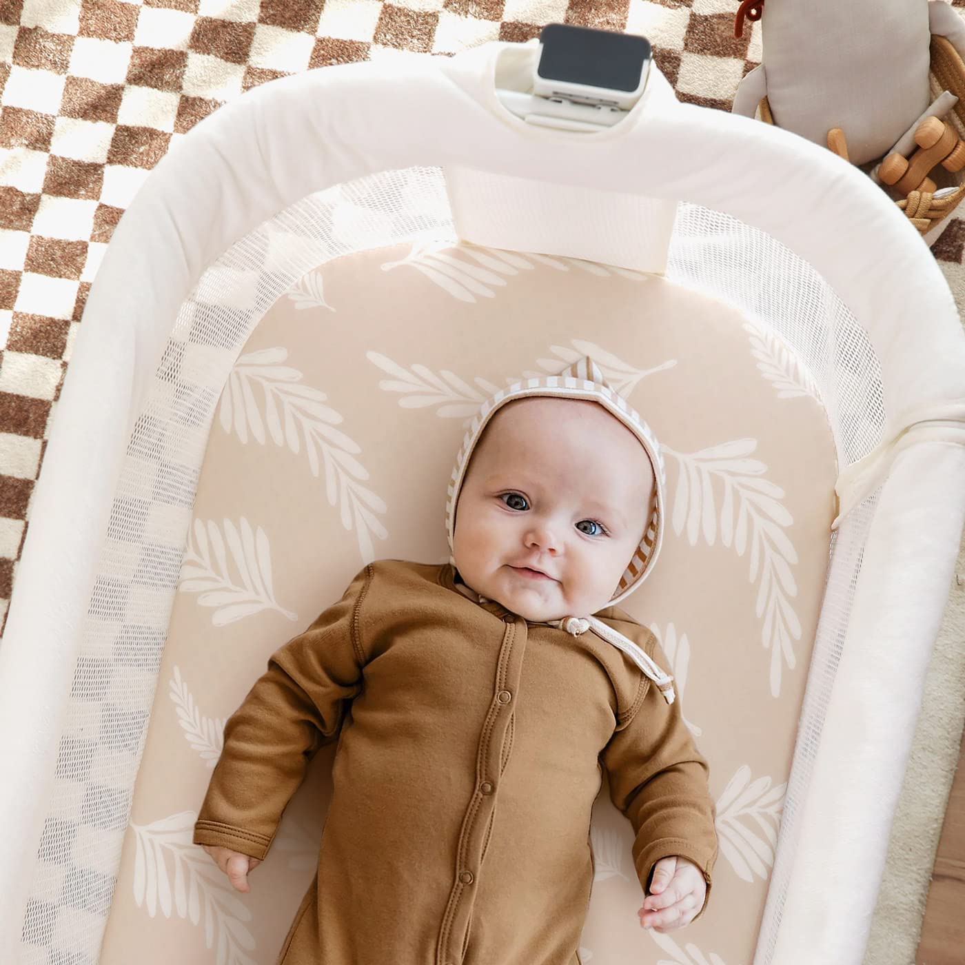 GRSSDER Stretchy Ultra Soft Fitted Bassinet Sheet Set 3 Pack, Universal Fit for Bassinets Baby Cradle Moses Basket Oval Rectangle Mattress Safe and Snug, Stylish Pretty Flora for Baby, Beige