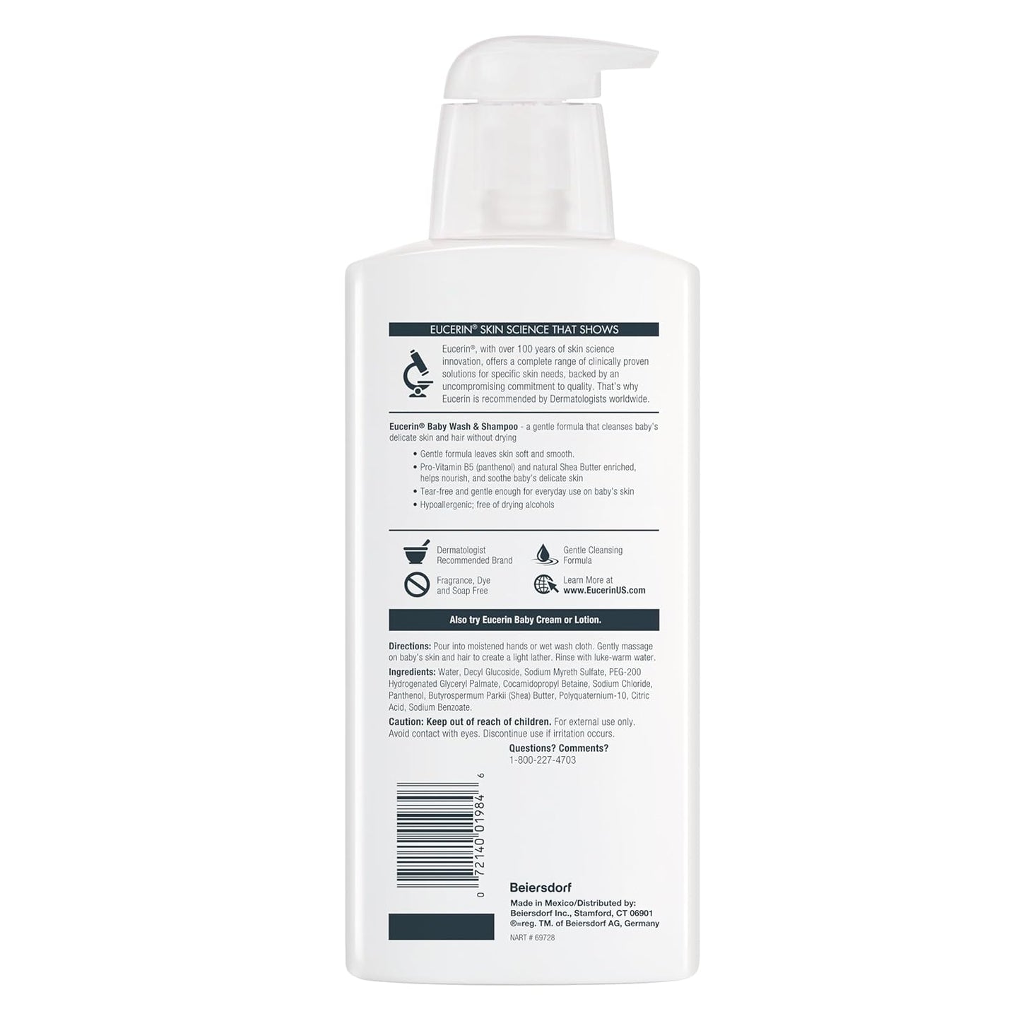 Eucerin Baby Unscented Baby Shampoo and Body Wash, Hypoallergenic, Tear Free Shampoo and Wash with Pro-Vitamin B5 and Shea Butter, 13.5 Fl Oz Bottle 3 pack