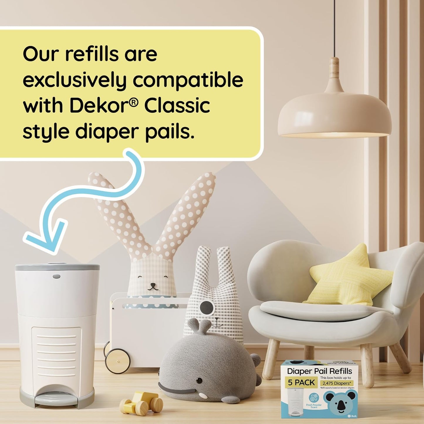 Reli. Diaper Pail Refill Bags, Compatible with Dekor Classic (5 Pack) | Diaper Dekor Refills w/Powder Fresh Scent | Odor Blocking, Strong, Easy Replacement Bags | Holds up to 2475 Diapers
