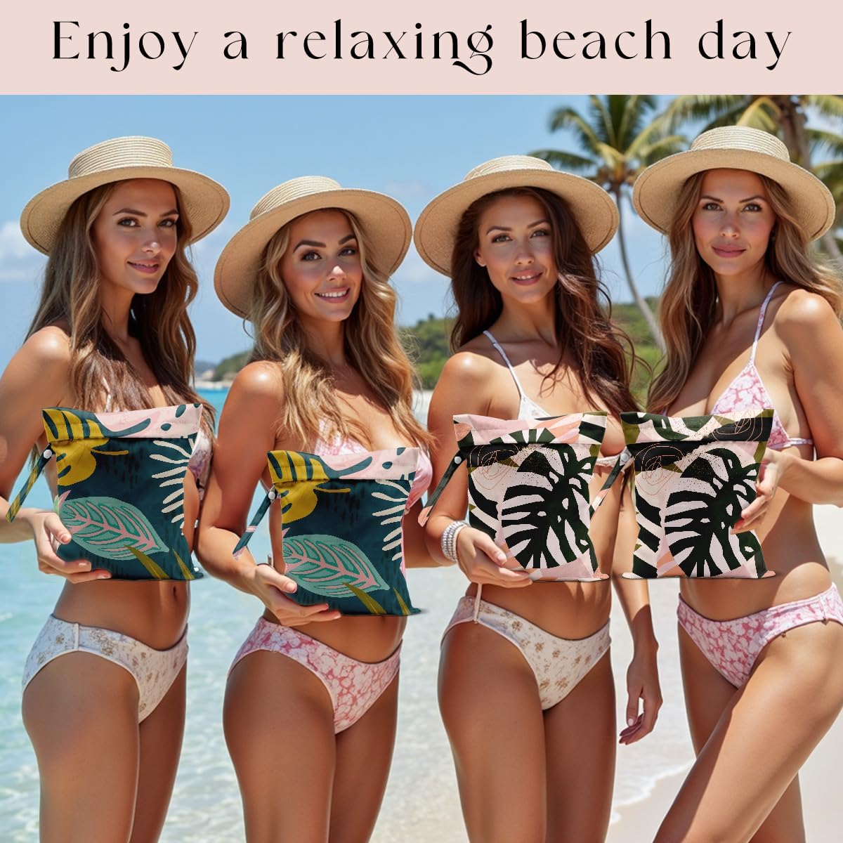 4 Pack Wet Bag for Swimsuit, Beach Travel Essentials Wet Dry Bag, for Sunscreen Toiletry Dirty Clothes Yoga Gym Diaper, Friend Summer Beach Vacation Gifts. Palm leaves