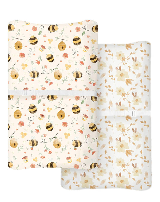 Changing Pad Cover for Baby Boys Girls 2 Pack, Fits Standard 32”×16” Changing Table Pads, Silky Breathable Stretch Knit, Machine Washable (Honeybee Dreams)