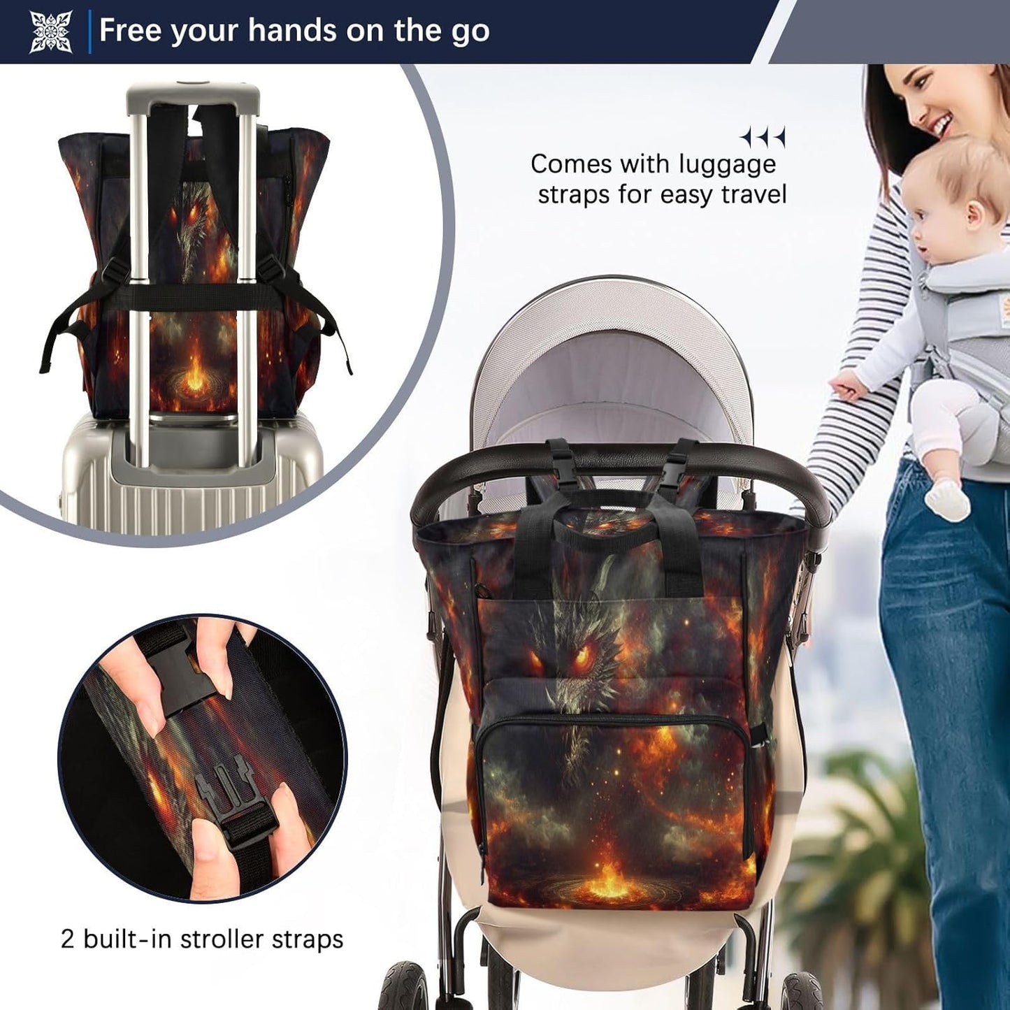 Dragon Fire Dungeon Diaper Bag Backpack, Unisex Travel Baby Backpack Diaper Bags with Stroller Straps & Pacifier Case, Large Capacity Waterproof Diaper Backpack